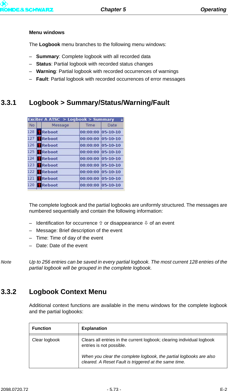 Chapter 5 Operating2098.0720.72 - 5.73 - E-2Menu windowsThe Logbook menu branches to the following menu windows:–Summary: Complete logbook with all recorded data–Status: Partial logbook with recorded status changes–Warning: Partial logbook with recorded occurrences of warnings–Fault: Partial logbook with recorded occurrences of error messages3.3.1 Logbook &gt; Summary/Status/Warning/FaultThe complete logbook and the partial logbooks are uniformly structured. The messages arenumbered sequentially and contain the following information: – Identification for occurrence  or disappearance  of an event– Message: Brief description of the event– Time: Time of day of the event– Date: Date of the eventNote Up to 256 entries can be saved in every partial logbook. The most current 128 entries of thepartial logbook will be grouped in the complete logbook.3.3.2 Logbook Context MenuAdditional context functions are available in the menu windows for the complete logbookand the partial logbooks:Function ExplanationClear logbook Clears all entries in the current logbook; clearing individual logbook entries is not possible. When you clear the complete logbook, the partial logbooks are also cleared. A Reset Fault is triggered at the same time.