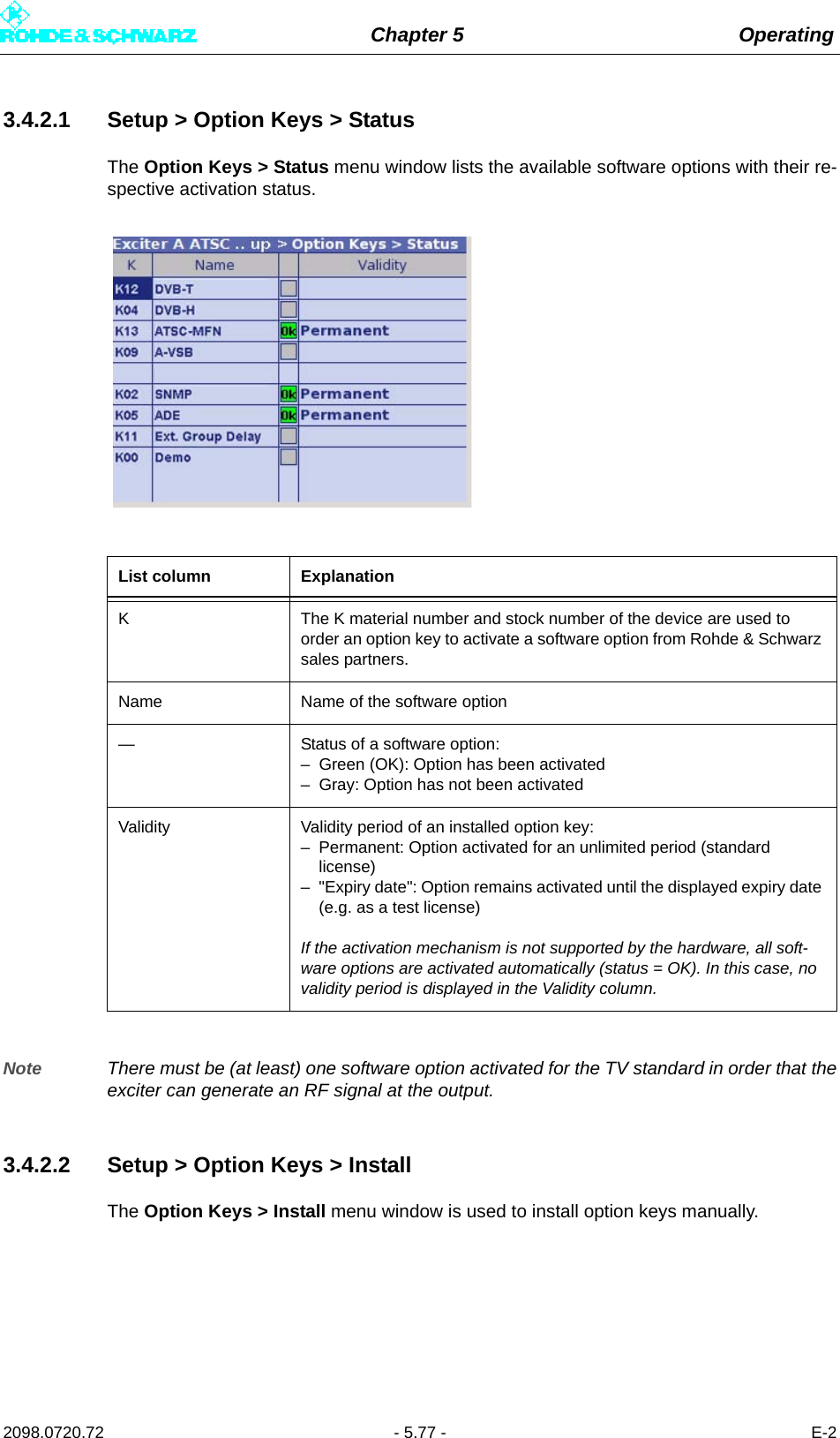 Chapter 5 Operating2098.0720.72 - 5.77 - E-23.4.2.1 Setup &gt; Option Keys &gt; StatusThe Option Keys &gt; Status menu window lists the available software options with their re-spective activation status.Note There must be (at least) one software option activated for the TV standard in order that theexciter can generate an RF signal at the output.3.4.2.2 Setup &gt; Option Keys &gt; InstallThe Option Keys &gt; Install menu window is used to install option keys manually.List column ExplanationK The K material number and stock number of the device are used to order an option key to activate a software option from Rohde &amp; Schwarz sales partners.Name Name of the software option— Status of a software option:– Green (OK): Option has been activated– Gray: Option has not been activatedValidity Validity period of an installed option key:– Permanent: Option activated for an unlimited period (standard license)– &quot;Expiry date&quot;: Option remains activated until the displayed expiry date (e.g. as a test license)If the activation mechanism is not supported by the hardware, all soft-ware options are activated automatically (status = OK). In this case, no validity period is displayed in the Validity column.