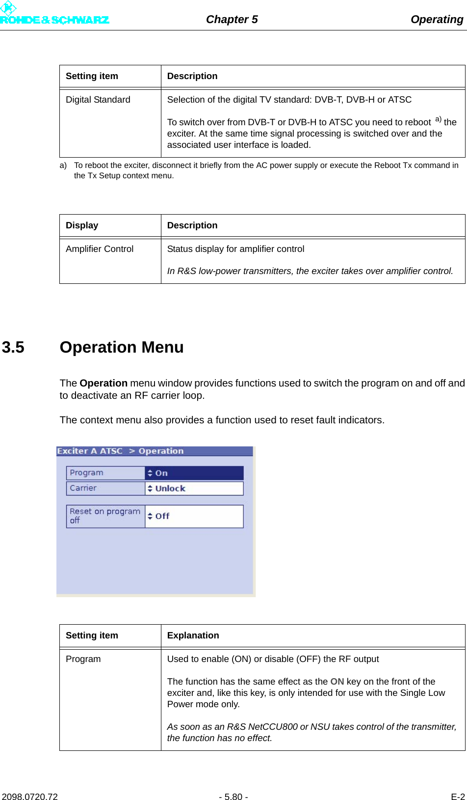 Chapter 5 Operating2098.0720.72 - 5.80 - E-23.5 Operation MenuThe Operation menu window provides functions used to switch the program on and off andto deactivate an RF carrier loop.The context menu also provides a function used to reset fault indicators.Setting item DescriptionDigital Standard Selection of the digital TV standard: DVB-T, DVB-H or ATSCTo switch over from DVB-T or DVB-H to ATSC you need to reboot  a) the exciter. At the same time signal processing is switched over and the associated user interface is loaded.a) To reboot the exciter, disconnect it briefly from the AC power supply or execute the Reboot Tx command in the Tx Setup context menu.Display DescriptionAmplifier Control Status display for amplifier controlIn R&amp;S low-power transmitters, the exciter takes over amplifier control.Setting item ExplanationProgram Used to enable (ON) or disable (OFF) the RF outputThe function has the same effect as the ON key on the front of the exciter and, like this key, is only intended for use with the Single Low Power mode only.As soon as an R&amp;S NetCCU800 or NSU takes control of the transmitter, the function has no effect.