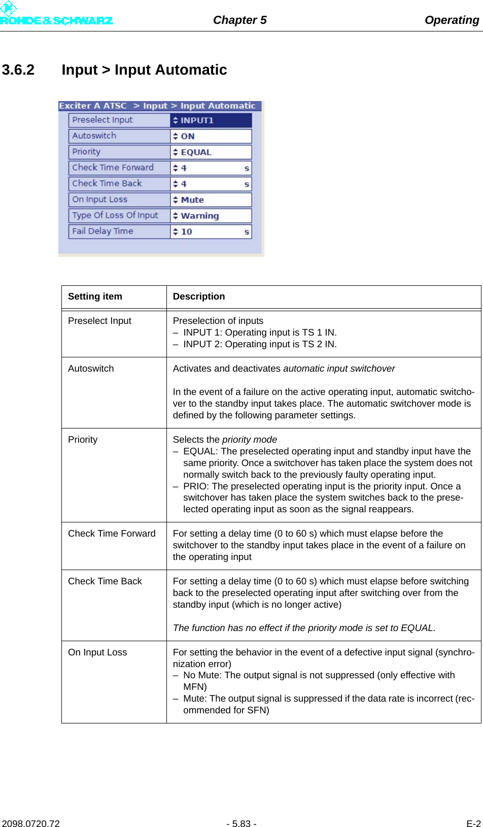 Chapter 5 Operating2098.0720.72 - 5.83 - E-23.6.2 Input &gt; Input AutomaticSetting item DescriptionPreselect Input Preselection of inputs– INPUT 1: Operating input is TS 1 IN.– INPUT 2: Operating input is TS 2 IN.Autoswitch Activates and deactivates automatic input switchoverIn the event of a failure on the active operating input, automatic switcho-ver to the standby input takes place. The automatic switchover mode is defined by the following parameter settings.Priority Selects the priority mode– EQUAL: The preselected operating input and standby input have the same priority. Once a switchover has taken place the system does not normally switch back to the previously faulty operating input.– PRIO: The preselected operating input is the priority input. Once a switchover has taken place the system switches back to the prese-lected operating input as soon as the signal reappears. Check Time Forward For setting a delay time (0 to 60 s) which must elapse before the switchover to the standby input takes place in the event of a failure on the operating inputCheck Time Back For setting a delay time (0 to 60 s) which must elapse before switching back to the preselected operating input after switching over from the standby input (which is no longer active)The function has no effect if the priority mode is set to EQUAL.On Input Loss For setting the behavior in the event of a defective input signal (synchro-nization error)– No Mute: The output signal is not suppressed (only effective with MFN)– Mute: The output signal is suppressed if the data rate is incorrect (rec-ommended for SFN)