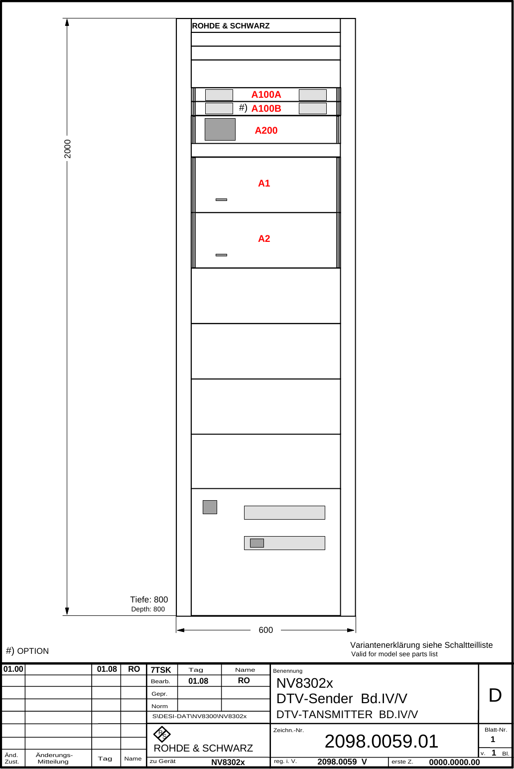 DTV-TA NSMITTER  BD.IV/VRS7TSK2098.0059  V12098.0059.01BenennungZeichn.-Nr.Änderungs- MitteilungTagNameBearb.Gepr.NormÄnd.Zust.TagNamezu Gerätreg. i. V.erste Z.Blatt-Nr.v. Bl.ROHDE &amp; SCHWARZRO0000.0000.00D1NV8302x DTV-Sender  Bd.IV/V01.08NV8302xS\DESI-DAT\NV8300\NV8302x01.00                                 01.08     RO#) OPTION Variantenerklärung siehe SchaltteillisteValid for model see parts listTiefe: 800Depth: 800A200A1A100AA100B#)A2ROHDE &amp; SCHWARZ2000600