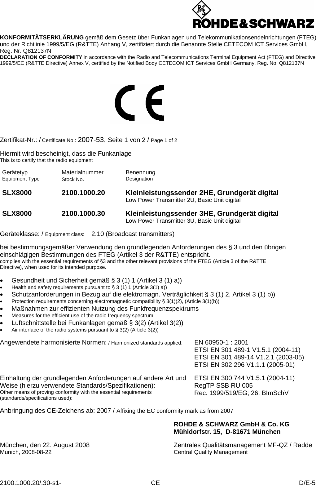 Page 11 of Rohde and Schwarz SLV8000 SLV8000 Low Power Transmitter User Manual 32 SLX8000 12 12 07 01 00