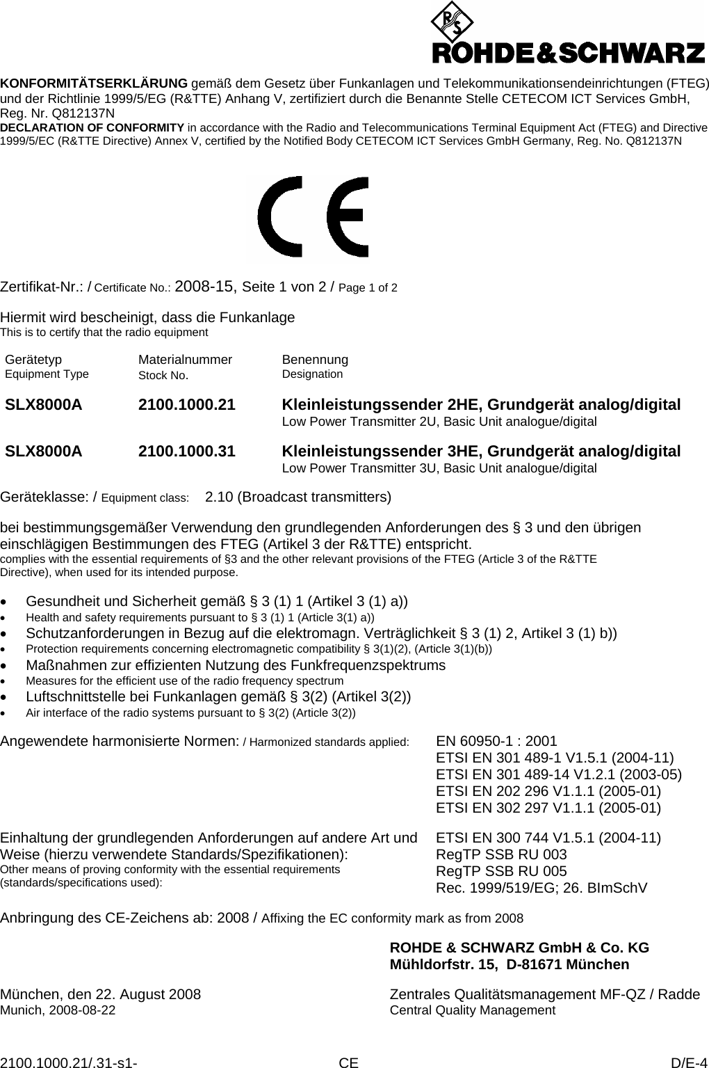 Page 13 of Rohde and Schwarz SLV8000 SLV8000 Low Power Transmitter User Manual 32 SLX8000 12 12 07 01 00