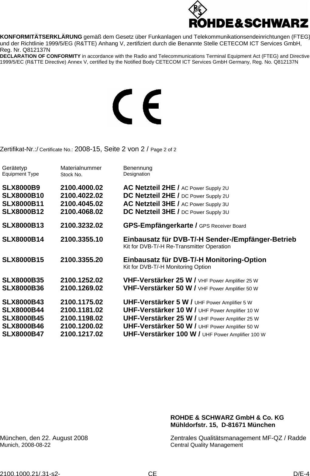 Page 14 of Rohde and Schwarz SLV8000 SLV8000 Low Power Transmitter User Manual 32 SLX8000 12 12 07 01 00