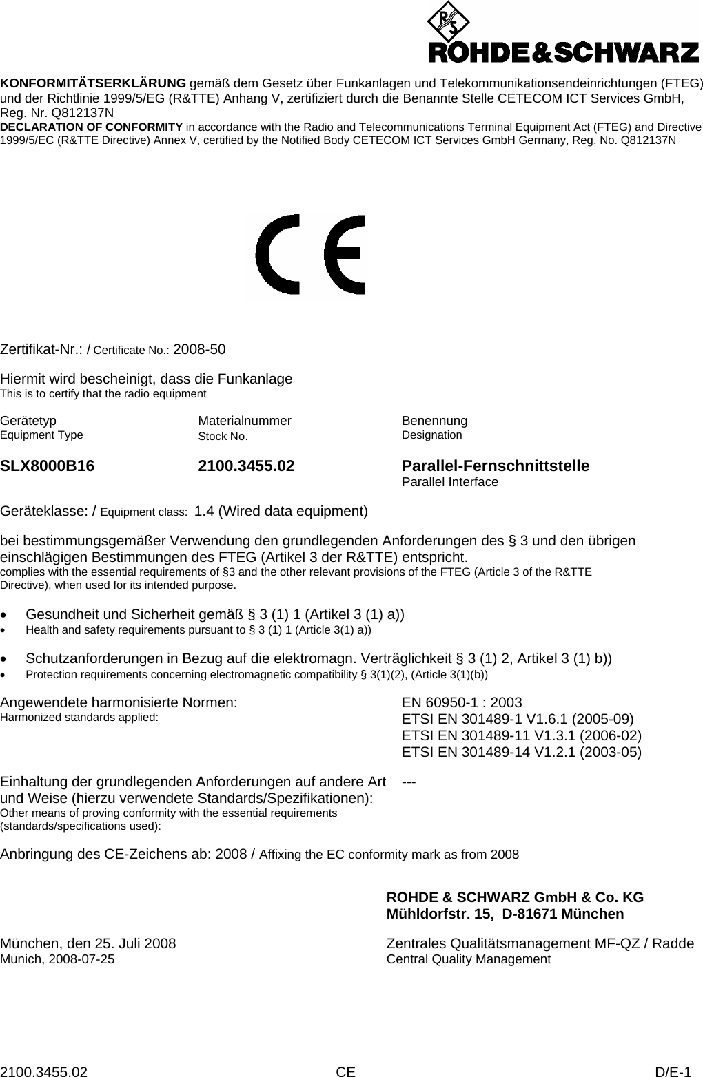 Page 15 of Rohde and Schwarz SLV8000 SLV8000 Low Power Transmitter User Manual 32 SLX8000 12 12 07 01 00