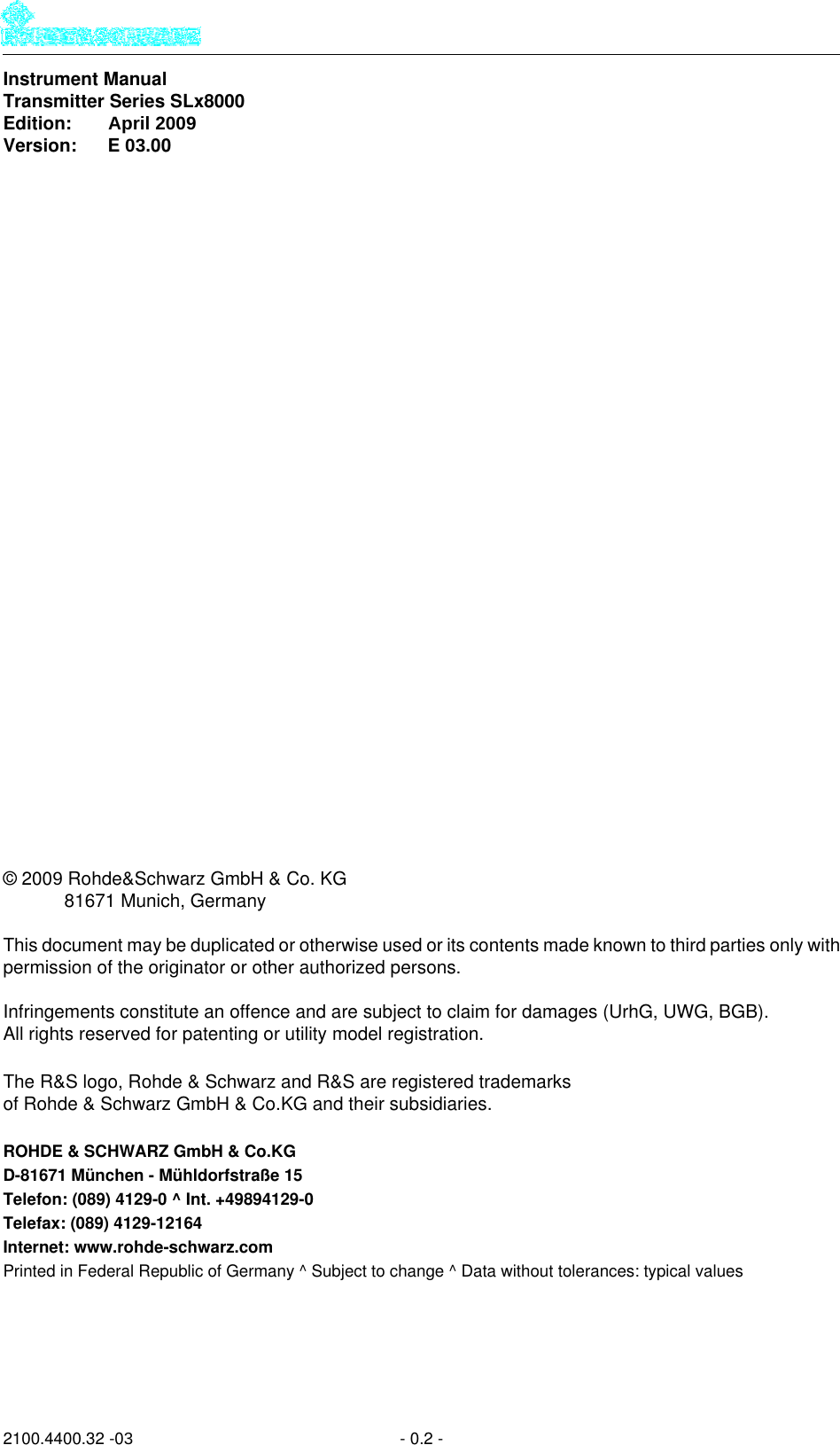 Page 2 of Rohde and Schwarz SLV8000 SLV8000 Low Power Transmitter User Manual 32 SLX8000 12 12 07 01 00