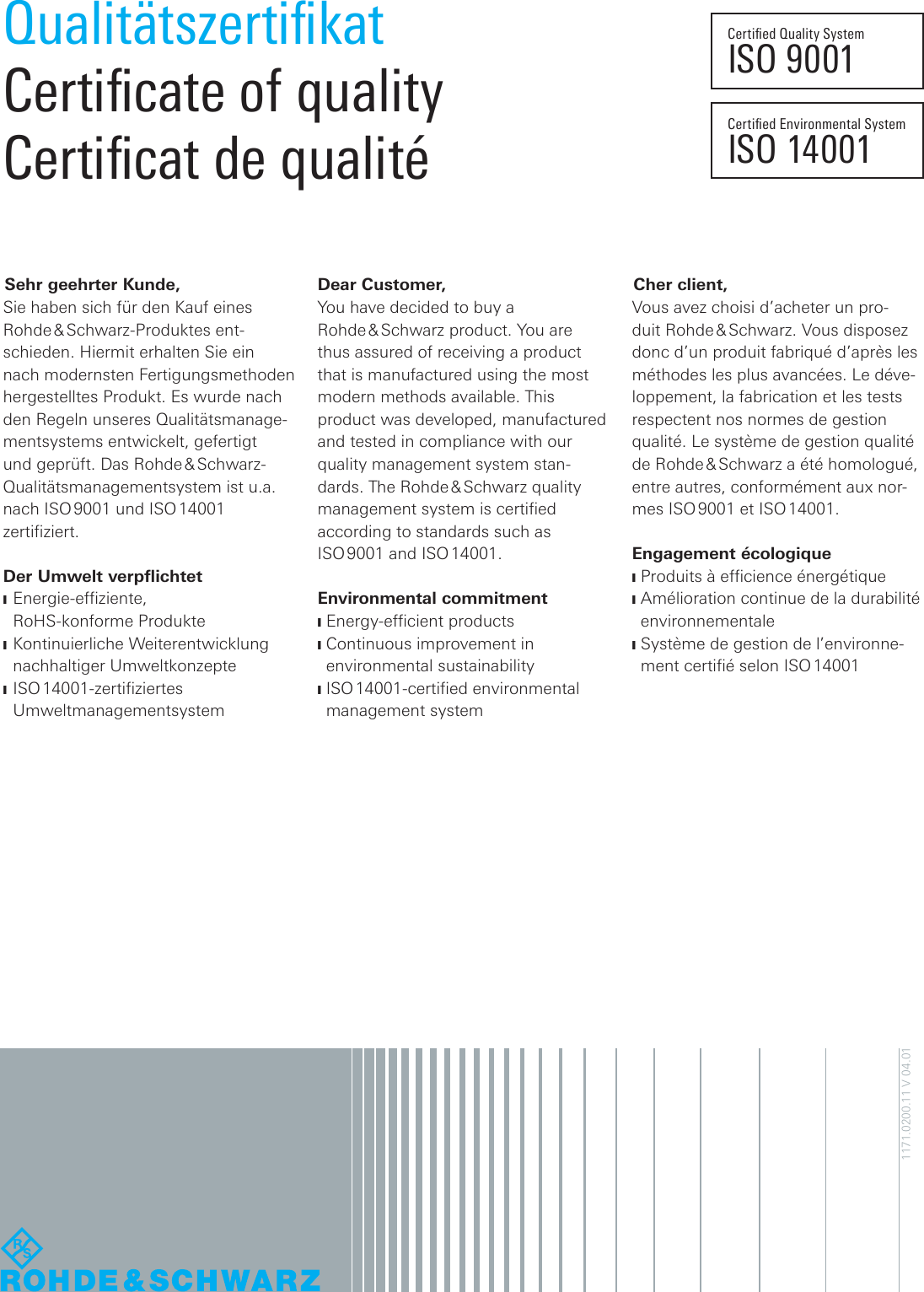 Page 3 of Rohde and Schwarz SLV8000 SLV8000 Low Power Transmitter User Manual 32 SLX8000 12 12 07 01 00