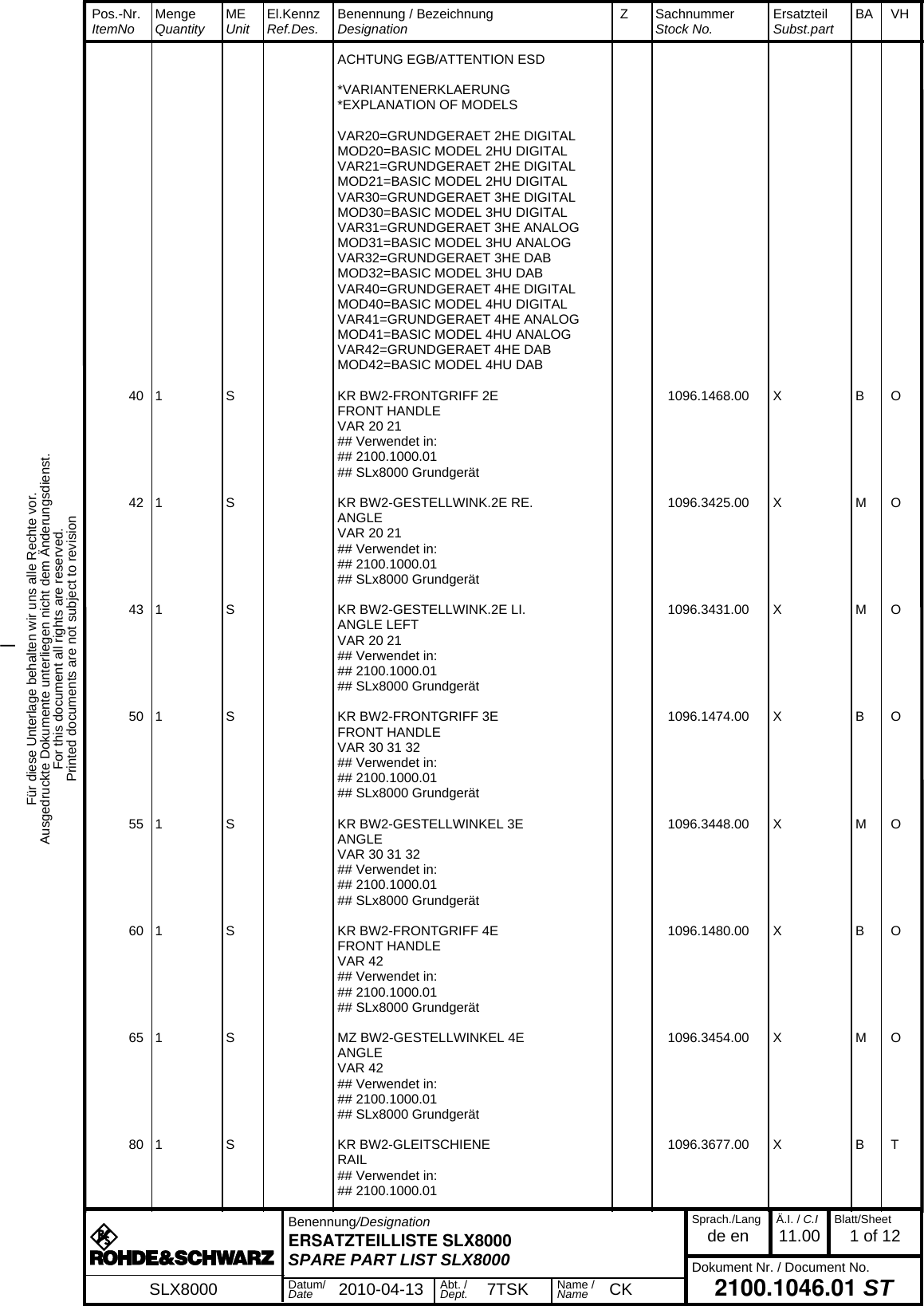 Page 317 of Rohde and Schwarz SLV8000 SLV8000 Low Power Transmitter User Manual 32 SLX8000 12 12 07 01 00