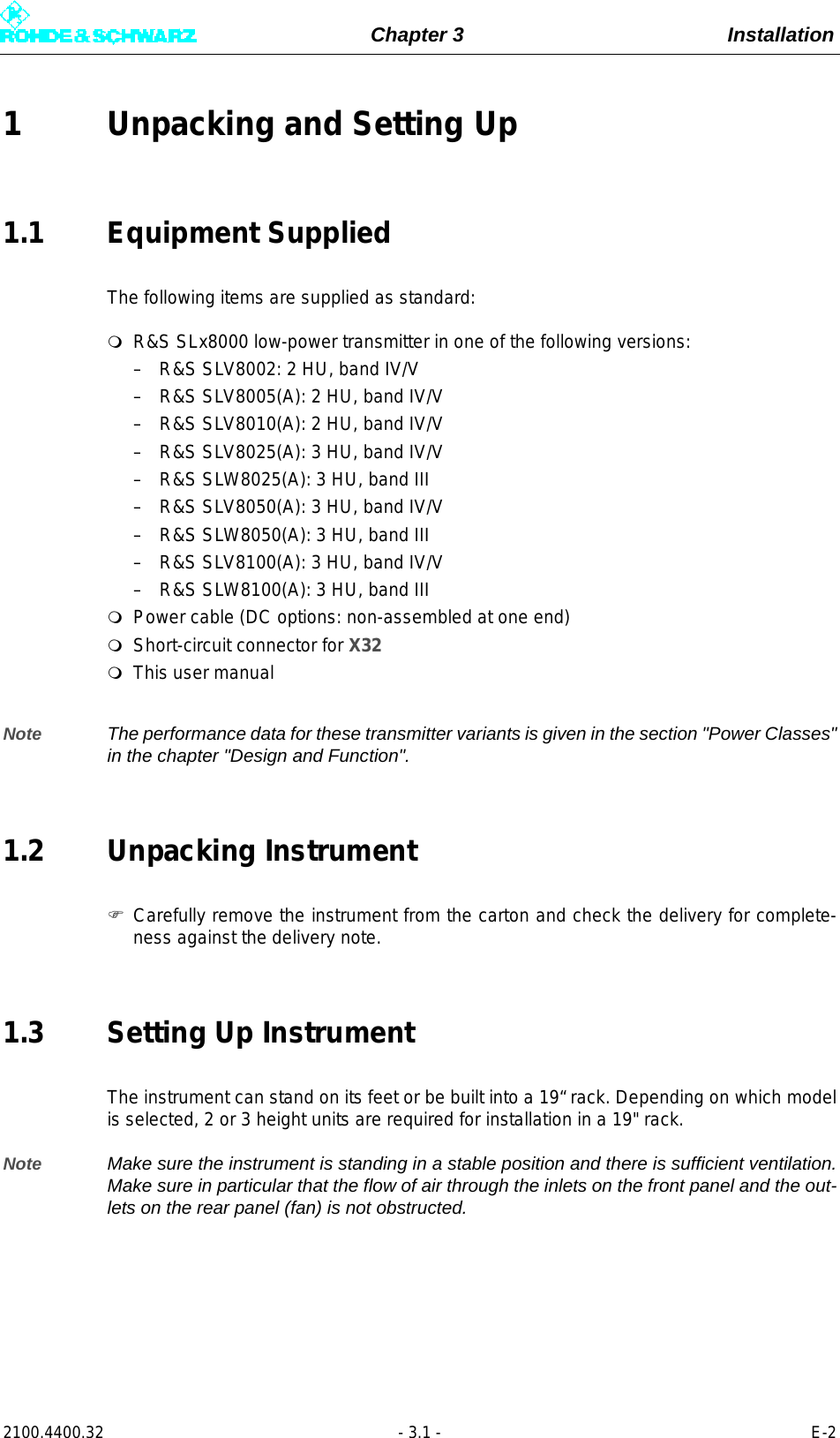 Page 73 of Rohde and Schwarz SLV8000 SLV8000 Low Power Transmitter User Manual 32 SLX8000 12 12 07 01 00