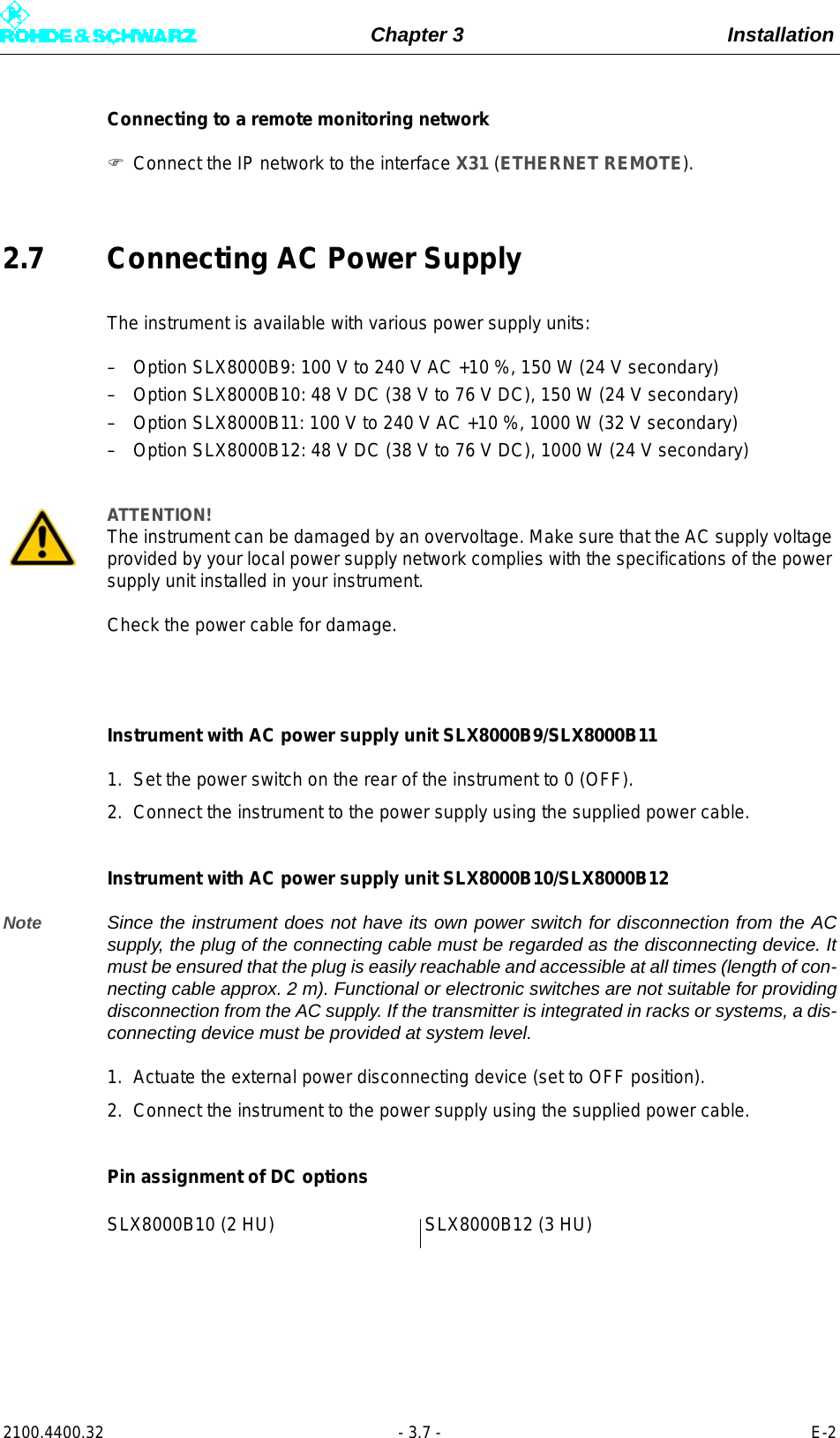 Page 79 of Rohde and Schwarz SLV8000 SLV8000 Low Power Transmitter User Manual 32 SLX8000 12 12 07 01 00