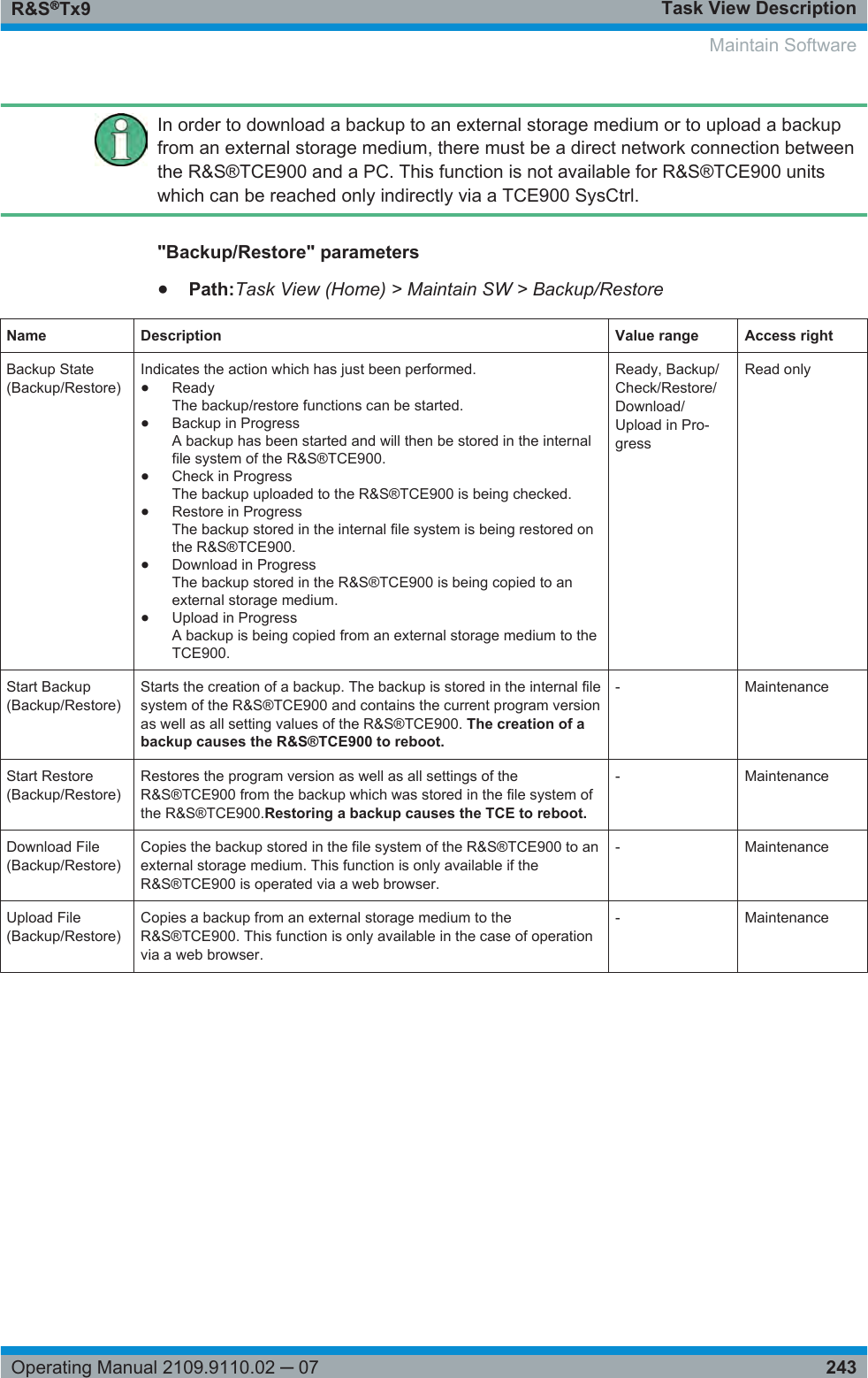 Task View DescriptionR&amp;S®Tx9243Operating Manual 2109.9110.02 ─ 07In order to download a backup to an external storage medium or to upload a backupfrom an external storage medium, there must be a direct network connection betweenthe R&amp;S®TCE900 and a PC. This function is not available for R&amp;S®TCE900 unitswhich can be reached only indirectly via a TCE900 SysCtrl.&quot;Backup/Restore&quot; parameters●Path:Task View (Home) &gt; Maintain SW &gt; Backup/RestoreName Description Value range Access rightBackup State(Backup/Restore)Indicates the action which has just been performed.●ReadyThe backup/restore functions can be started.●Backup in ProgressA backup has been started and will then be stored in the internalfile system of the R&amp;S®TCE900.●Check in ProgressThe backup uploaded to the R&amp;S®TCE900 is being checked.●Restore in ProgressThe backup stored in the internal file system is being restored onthe R&amp;S®TCE900.●Download in ProgressThe backup stored in the R&amp;S®TCE900 is being copied to anexternal storage medium.●Upload in ProgressA backup is being copied from an external storage medium to theTCE900.Ready, Backup/Check/Restore/Download/Upload in Pro-gressRead onlyStart Backup(Backup/Restore)Starts the creation of a backup. The backup is stored in the internal filesystem of the R&amp;S®TCE900 and contains the current program versionas well as all setting values of the R&amp;S®TCE900. The creation of abackup causes the R&amp;S®TCE900 to reboot.- MaintenanceStart Restore(Backup/Restore)Restores the program version as well as all settings of theR&amp;S®TCE900 from the backup which was stored in the file system ofthe R&amp;S®TCE900.Restoring a backup causes the TCE to reboot.-MaintenanceDownload File(Backup/Restore)Copies the backup stored in the file system of the R&amp;S®TCE900 to anexternal storage medium. This function is only available if theR&amp;S®TCE900 is operated via a web browser.- MaintenanceUpload File(Backup/Restore)Copies a backup from an external storage medium to theR&amp;S®TCE900. This function is only available in the case of operationvia a web browser.- MaintenanceMaintain Software