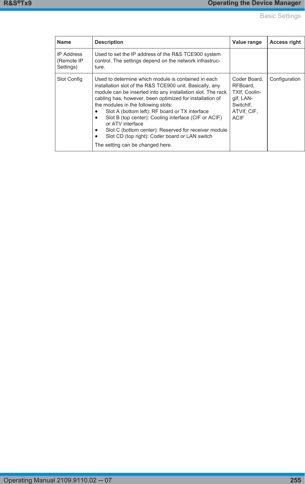 Operating the Device ManagerR&amp;S®Tx9255Operating Manual 2109.9110.02 ─ 07Name Description Value range Access rightIP Address(Remote IPSettings)Used to set the IP address of the R&amp;S TCE900 systemcontrol. The settings depend on the network infrastruc-ture.   Slot Config Used to determine which module is contained in eachinstallation slot of the R&amp;S TCE900 unit. Basically, anymodule can be inserted into any installation slot. The rackcabling has, however, been optimized for installation ofthe modules in the following slots:●Slot A (bottom left): RF board or TX interface●Slot B (top center): Cooling interface (CIF or ACIF)or ATV interface●Slot C (bottom center): Reserved for receiver module●Slot CD (top right): Coder board or LAN switchThe setting can be changed here.Coder Board,RFBoard,TXIf, Coolin-gIf, LAN-SwitchIf,ATVIf, CIF,ACIFConfigurationBasic Settings