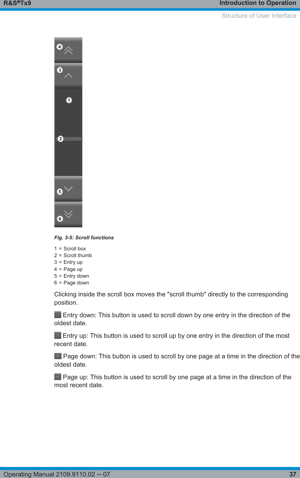 Introduction to OperationR&amp;S®Tx937Operating Manual 2109.9110.02 ─ 07Fig. 3-5: Scroll functions1 = Scroll box2 = Scroll thumb3 = Entry up4 = Page up5 = Entry down6 = Page downClicking inside the scroll box moves the &quot;scroll thumb&quot; directly to the correspondingposition. Entry down: This button is used to scroll down by one entry in the direction of theoldest date. Entry up: This button is used to scroll up by one entry in the direction of the mostrecent date. Page down: This button is used to scroll by one page at a time in the direction of theoldest date. Page up: This button is used to scroll by one page at a time in the direction of themost recent date.Structure of User Interface