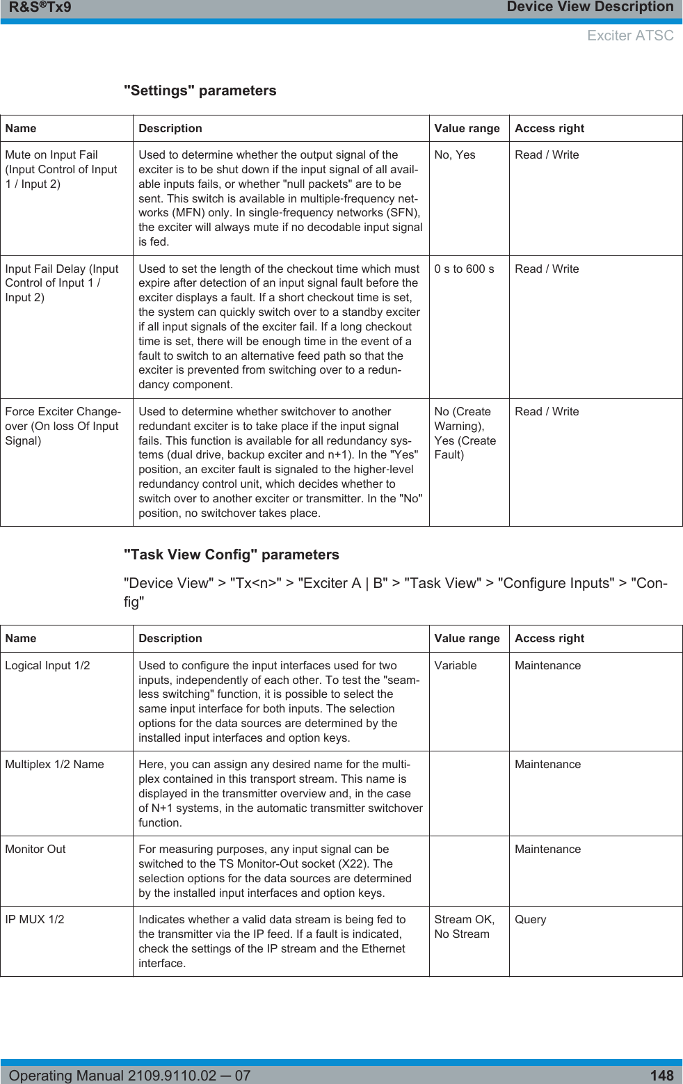 Device View DescriptionR&amp;S®Tx9148Operating Manual 2109.9110.02 ─ 07&quot;Settings&quot; parametersName Description Value range Access rightMute on Input Fail(Input Control of Input1 / Input 2)Used to determine whether the output signal of theexciter is to be shut down if the input signal of all avail-able inputs fails, or whether &quot;null packets&quot; are to besent. This switch is available in multiple‑frequency net-works (MFN) only. In single‑frequency networks (SFN),the exciter will always mute if no decodable input signalis fed.No, Yes Read / WriteInput Fail Delay (InputControl of Input 1 /Input 2)Used to set the length of the checkout time which mustexpire after detection of an input signal fault before theexciter displays a fault. If a short checkout time is set,the system can quickly switch over to a standby exciterif all input signals of the exciter fail. If a long checkouttime is set, there will be enough time in the event of afault to switch to an alternative feed path so that theexciter is prevented from switching over to a redun-dancy component.0 s to 600 s Read / WriteForce Exciter Change-over (On loss Of InputSignal)Used to determine whether switchover to anotherredundant exciter is to take place if the input signalfails. This function is available for all redundancy sys-tems (dual drive, backup exciter and n+1). In the &quot;Yes&quot;position, an exciter fault is signaled to the higher‑levelredundancy control unit, which decides whether toswitch over to another exciter or transmitter. In the &quot;No&quot;position, no switchover takes place.No (CreateWarning),Yes (CreateFault)Read / Write&quot;Task View Config&quot; parameters&quot;Device View&quot; &gt; &quot;Tx&lt;n&gt;&quot; &gt; &quot;Exciter A | B&quot; &gt; &quot;Task View&quot; &gt; &quot;Configure Inputs&quot; &gt; &quot;Con-fig&quot;Name Description Value range Access rightLogical Input 1/2 Used to configure the input interfaces used for twoinputs, independently of each other. To test the &quot;seam-less switching&quot; function, it is possible to select thesame input interface for both inputs. The selectionoptions for the data sources are determined by theinstalled input interfaces and option keys.Variable MaintenanceMultiplex 1/2 Name Here, you can assign any desired name for the multi-plex contained in this transport stream. This name isdisplayed in the transmitter overview and, in the caseof N+1 systems, in the automatic transmitter switchoverfunction. MaintenanceMonitor Out For measuring purposes, any input signal can beswitched to the TS Monitor-Out socket (X22). Theselection options for the data sources are determinedby the installed input interfaces and option keys. MaintenanceIP MUX 1/2 Indicates whether a valid data stream is being fed tothe transmitter via the IP feed. If a fault is indicated,check the settings of the IP stream and the Ethernetinterface.Stream OK,No StreamQueryExciter ATSC