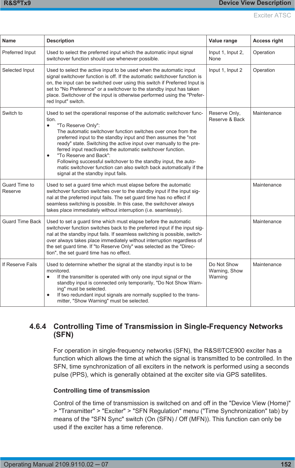 Device View DescriptionR&amp;S®Tx9152Operating Manual 2109.9110.02 ─ 07Name Description Value range Access rightPreferred Input Used to select the preferred input which the automatic input signalswitchover function should use whenever possible.Input 1, Input 2,NoneOperationSelected Input Used to select the active input to be used when the automatic inputsignal switchover function is off. If the automatic switchover function ison, the input can be switched over using this switch if Preferred Input isset to &quot;No Preference&quot; or a switchover to the standby input has takenplace. Switchover of the input is otherwise performed using the &quot;Prefer-red Input&quot; switch.Input 1, Input 2 OperationSwitch to Used to set the operational response of the automatic switchover func-tion.●&quot;To Reserve Only&quot;:The automatic switchover function switches over once from thepreferred input to the standby input and then assumes the &quot;notready&quot; state. Switching the active input over manually to the pre-ferred input reactivates the automatic switchover function.●&quot;To Reserve and Back&quot;:Following successful switchover to the standby input, the auto-matic switchover function can also switch back automatically if thesignal at the standby input fails.Reserve Only,Reserve &amp; BackMaintenanceGuard Time toReserveUsed to set a guard time which must elapse before the automaticswitchover function switches over to the standby input if the input sig-nal at the preferred input fails. The set guard time has no effect ifseamless switching is possible. In this case, the switchover alwaystakes place immediately without interruption (i.e. seamlessly). MaintenanceGuard Time Back Used to set a guard time which must elapse before the automaticswitchover function switches back to the preferred input if the input sig-nal at the standby input fails. If seamless switching is possible, switch-over always takes place immediately without interruption regardless ofthe set guard time. If &quot;to Reserve Only&quot; was selected as the &quot;Direc-tion&quot;, the set guard time has no effect. MaintenanceIf Reserve Fails Used to determine whether the signal at the standby input is to bemonitored.●If the transmitter is operated with only one input signal or thestandby input is connected only temporarily, &quot;Do Not Show Warn-ing&quot; must be selected.●If two redundant input signals are normally supplied to the trans-mitter, &quot;Show Warning&quot; must be selected.Do Not ShowWarning, ShowWarningMaintenance4.6.4 Controlling Time of Transmission in Single-Frequency Networks(SFN)For operation in single-frequency networks (SFN), the R&amp;S®TCE900 exciter has afunction which allows the time at which the signal is transmitted to be controlled. In theSFN, time synchronization of all exciters in the network is performed using a secondspulse (PPS), which is generally obtained at the exciter site via GPS satellites.Controlling time of transmissionControl of the time of transmission is switched on and off in the &quot;Device View (Home)&quot;&gt; &quot;Transmitter&quot; &gt; &quot;Exciter&quot; &gt; &quot;SFN Regulation&quot; menu (&quot;Time Synchronization&quot; tab) bymeans of the &quot;SFN Sync&quot; switch (On (SFN) / Off (MFN)). This function can only beused if the exciter has a time reference. Exciter ATSC