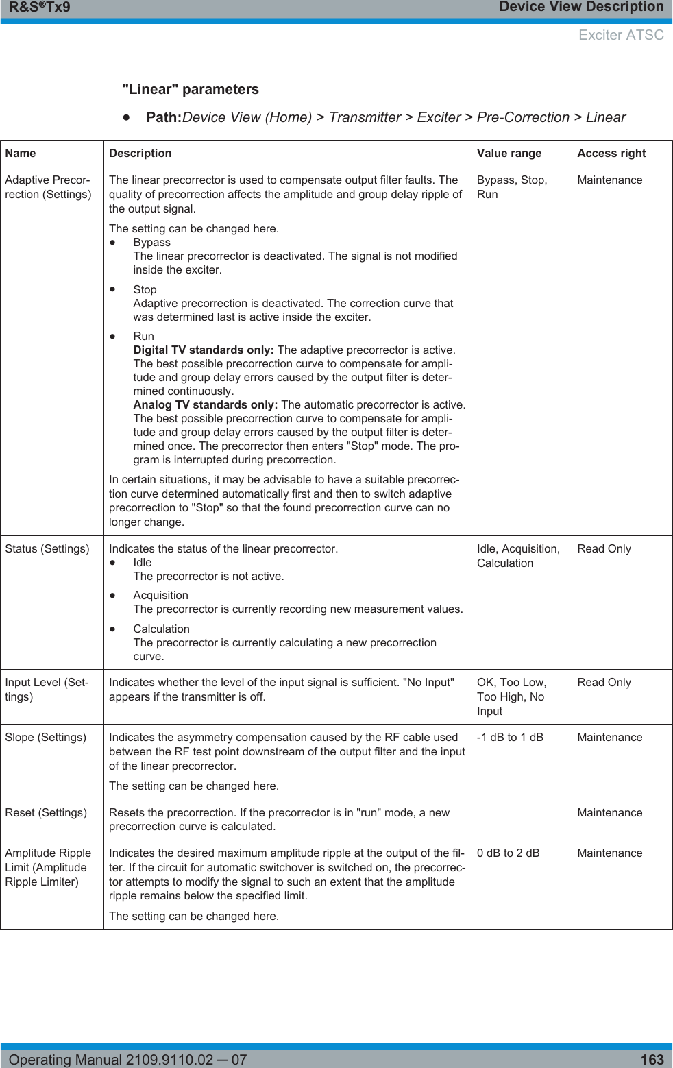 Device View DescriptionR&amp;S®Tx9163Operating Manual 2109.9110.02 ─ 07&quot;Linear&quot; parameters●Path:Device View (Home) &gt; Transmitter &gt; Exciter &gt; Pre-Correction &gt; LinearName Description Value range Access rightAdaptive Precor-rection (Settings)The linear precorrector is used to compensate output filter faults. Thequality of precorrection affects the amplitude and group delay ripple ofthe output signal.The setting can be changed here.●BypassThe linear precorrector is deactivated. The signal is not modifiedinside the exciter.●StopAdaptive precorrection is deactivated. The correction curve thatwas determined last is active inside the exciter.●RunDigital TV standards only: The adaptive precorrector is active.The best possible precorrection curve to compensate for ampli-tude and group delay errors caused by the output filter is deter-mined continuously.Analog TV standards only: The automatic precorrector is active.The best possible precorrection curve to compensate for ampli-tude and group delay errors caused by the output filter is deter-mined once. The precorrector then enters &quot;Stop&quot; mode. The pro-gram is interrupted during precorrection.In certain situations, it may be advisable to have a suitable precorrec-tion curve determined automatically first and then to switch adaptiveprecorrection to &quot;Stop&quot; so that the found precorrection curve can nolonger change.Bypass, Stop,RunMaintenanceStatus (Settings) Indicates the status of the linear precorrector.●IdleThe precorrector is not active.●AcquisitionThe precorrector is currently recording new measurement values.●CalculationThe precorrector is currently calculating a new precorrectioncurve.Idle, Acquisition,CalculationRead OnlyInput Level (Set-tings)Indicates whether the level of the input signal is sufficient. &quot;No Input&quot;appears if the transmitter is off.OK, Too Low,Too High, NoInputRead OnlySlope (Settings) Indicates the asymmetry compensation caused by the RF cable usedbetween the RF test point downstream of the output filter and the inputof the linear precorrector.The setting can be changed here.-1 dB to 1 dB MaintenanceReset (Settings) Resets the precorrection. If the precorrector is in &quot;run&quot; mode, a newprecorrection curve is calculated. MaintenanceAmplitude RippleLimit (AmplitudeRipple Limiter)Indicates the desired maximum amplitude ripple at the output of the fil-ter. If the circuit for automatic switchover is switched on, the precorrec-tor attempts to modify the signal to such an extent that the amplituderipple remains below the specified limit.The setting can be changed here.0 dB to 2 dB MaintenanceExciter ATSC