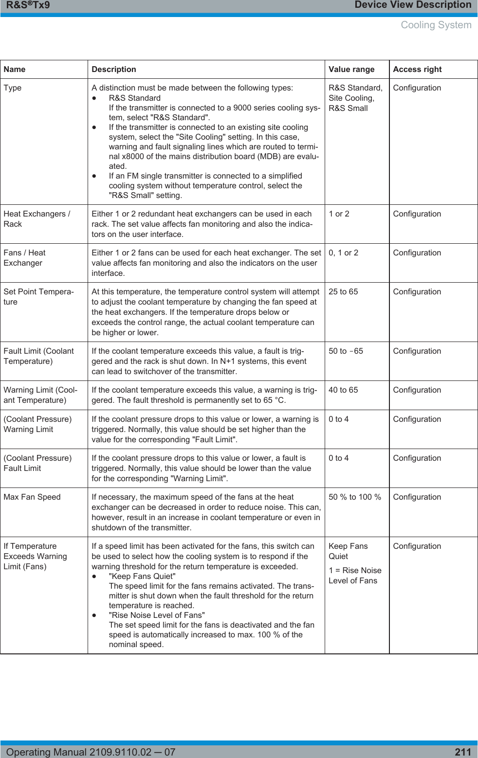 Device View DescriptionR&amp;S®Tx9211Operating Manual 2109.9110.02 ─ 07Name Description Value range Access rightType A distinction must be made between the following types:●R&amp;S StandardIf the transmitter is connected to a 9000 series cooling sys-tem, select &quot;R&amp;S Standard&quot;.●If the transmitter is connected to an existing site coolingsystem, select the &quot;Site Cooling&quot; setting. In this case,warning and fault signaling lines which are routed to termi-nal x8000 of the mains distribution board (MDB) are evalu-ated.●If an FM single transmitter is connected to a simplifiedcooling system without temperature control, select the&quot;R&amp;S Small&quot; setting.R&amp;S Standard,Site Cooling,R&amp;S SmallConfigurationHeat Exchangers /RackEither 1 or 2 redundant heat exchangers can be used in eachrack. The set value affects fan monitoring and also the indica-tors on the user interface.1 or 2 ConfigurationFans / HeatExchangerEither 1 or 2 fans can be used for each heat exchanger. The setvalue affects fan monitoring and also the indicators on the userinterface.0, 1 or 2 ConfigurationSet Point Tempera-tureAt this temperature, the temperature control system will attemptto adjust the coolant temperature by changing the fan speed atthe heat exchangers. If the temperature drops below orexceeds the control range, the actual coolant temperature canbe higher or lower.25 to 65 ConfigurationFault Limit (CoolantTemperature)If the coolant temperature exceeds this value, a fault is trig-gered and the rack is shut down. In N+1 systems, this eventcan lead to switchover of the transmitter.50 to ‒65 ConfigurationWarning Limit (Cool-ant Temperature)If the coolant temperature exceeds this value, a warning is trig-gered. The fault threshold is permanently set to 65 °C.40 to 65 Configuration(Coolant Pressure)Warning LimitIf the coolant pressure drops to this value or lower, a warning istriggered. Normally, this value should be set higher than thevalue for the corresponding &quot;Fault Limit&quot;.0 to 4 Configuration(Coolant Pressure)Fault LimitIf the coolant pressure drops to this value or lower, a fault istriggered. Normally, this value should be lower than the valuefor the corresponding &quot;Warning Limit&quot;.0 to 4 ConfigurationMax Fan Speed If necessary, the maximum speed of the fans at the heatexchanger can be decreased in order to reduce noise. This can,however, result in an increase in coolant temperature or even inshutdown of the transmitter.50 % to 100 % ConfigurationIf TemperatureExceeds WarningLimit (Fans)If a speed limit has been activated for the fans, this switch canbe used to select how the cooling system is to respond if thewarning threshold for the return temperature is exceeded.●&quot;Keep Fans Quiet&quot;The speed limit for the fans remains activated. The trans-mitter is shut down when the fault threshold for the returntemperature is reached.●&quot;Rise Noise Level of Fans&quot;The set speed limit for the fans is deactivated and the fanspeed is automatically increased to max. 100 % of thenominal speed.Keep FansQuiet1 = Rise NoiseLevel of FansConfigurationCooling System