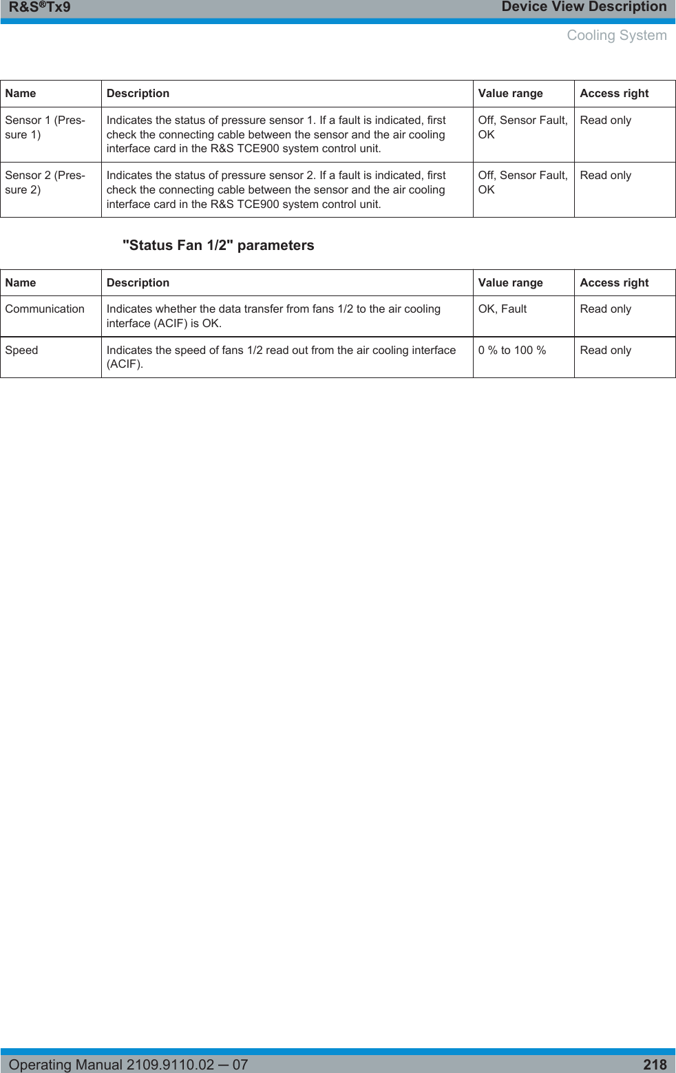 Device View DescriptionR&amp;S®Tx9218Operating Manual 2109.9110.02 ─ 07Name Description Value range Access rightSensor 1 (Pres-sure 1)Indicates the status of pressure sensor 1. If a fault is indicated, firstcheck the connecting cable between the sensor and the air coolinginterface card in the R&amp;S TCE900 system control unit.Off, Sensor Fault,OKRead onlySensor 2 (Pres-sure 2)Indicates the status of pressure sensor 2. If a fault is indicated, firstcheck the connecting cable between the sensor and the air coolinginterface card in the R&amp;S TCE900 system control unit.Off, Sensor Fault,OKRead only&quot;Status Fan 1/2&quot; parametersName Description Value range Access rightCommunication Indicates whether the data transfer from fans 1/2 to the air coolinginterface (ACIF) is OK.OK, Fault Read onlySpeed Indicates the speed of fans 1/2 read out from the air cooling interface(ACIF).0 % to 100 % Read onlyCooling System