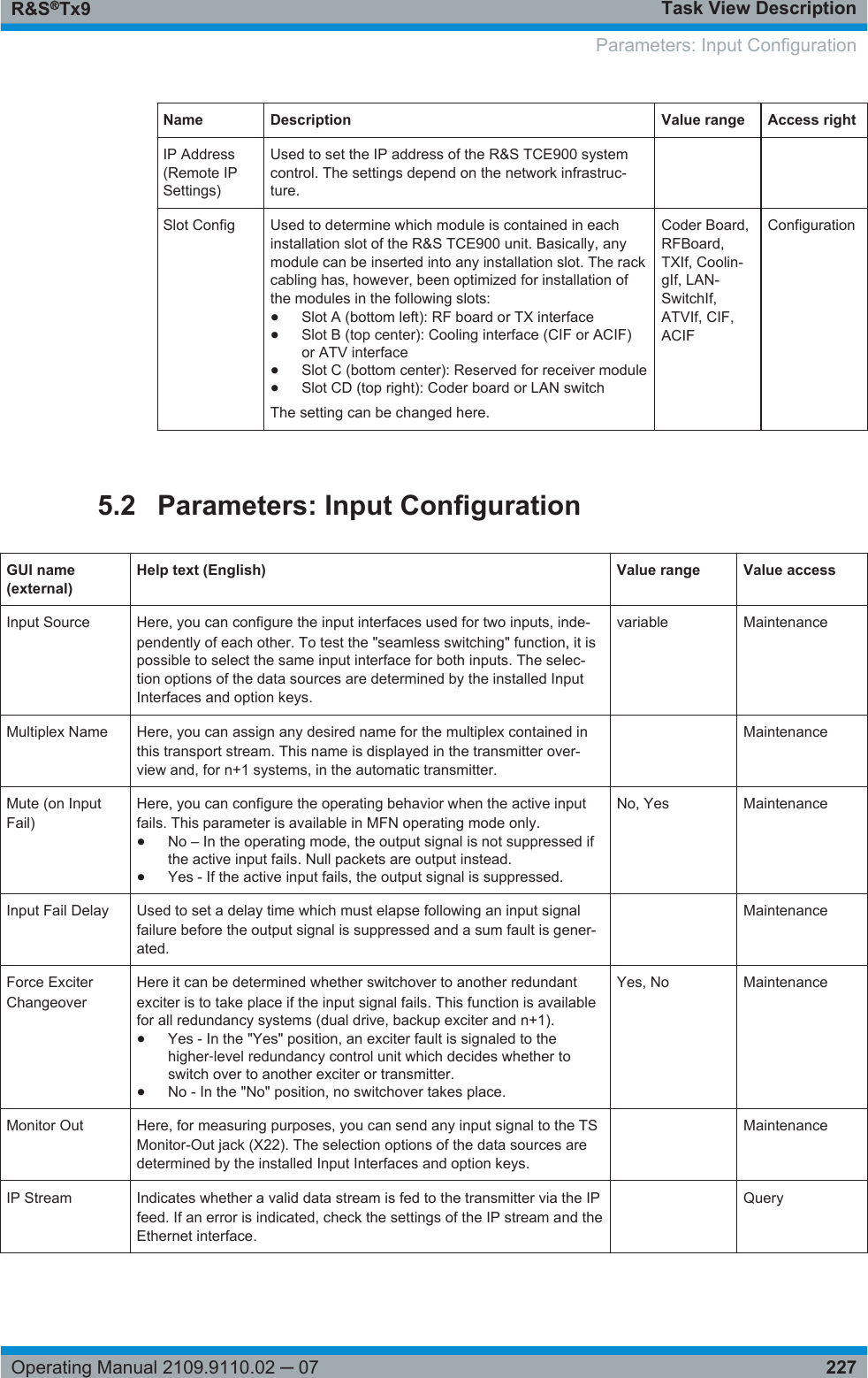 Task View DescriptionR&amp;S®Tx9227Operating Manual 2109.9110.02 ─ 07Name Description Value range Access rightIP Address(Remote IPSettings)Used to set the IP address of the R&amp;S TCE900 systemcontrol. The settings depend on the network infrastruc-ture.   Slot Config Used to determine which module is contained in eachinstallation slot of the R&amp;S TCE900 unit. Basically, anymodule can be inserted into any installation slot. The rackcabling has, however, been optimized for installation ofthe modules in the following slots:●Slot A (bottom left): RF board or TX interface●Slot B (top center): Cooling interface (CIF or ACIF)or ATV interface●Slot C (bottom center): Reserved for receiver module●Slot CD (top right): Coder board or LAN switchThe setting can be changed here.Coder Board,RFBoard,TXIf, Coolin-gIf, LAN-SwitchIf,ATVIf, CIF,ACIFConfiguration5.2 Parameters: Input ConfigurationGUI name(external)Help text (English) Value range Value accessInput Source Here, you can configure the input interfaces used for two inputs, inde-pendently of each other. To test the &quot;seamless switching&quot; function, it ispossible to select the same input interface for both inputs. The selec-tion options of the data sources are determined by the installed InputInterfaces and option keys.variable MaintenanceMultiplex Name Here, you can assign any desired name for the multiplex contained inthis transport stream. This name is displayed in the transmitter over-view and, for n+1 systems, in the automatic transmitter. MaintenanceMute (on InputFail)Here, you can configure the operating behavior when the active inputfails. This parameter is available in MFN operating mode only.●No – In the operating mode, the output signal is not suppressed ifthe active input fails. Null packets are output instead.●Yes - If the active input fails, the output signal is suppressed.No, Yes MaintenanceInput Fail Delay Used to set a delay time which must elapse following an input signalfailure before the output signal is suppressed and a sum fault is gener-ated. MaintenanceForce ExciterChangeoverHere it can be determined whether switchover to another redundantexciter is to take place if the input signal fails. This function is availablefor all redundancy systems (dual drive, backup exciter and n+1).●Yes - In the &quot;Yes&quot; position, an exciter fault is signaled to thehigher‑level redundancy control unit which decides whether toswitch over to another exciter or transmitter.●No - In the &quot;No&quot; position, no switchover takes place.Yes, No MaintenanceMonitor Out Here, for measuring purposes, you can send any input signal to the TSMonitor-Out jack (X22). The selection options of the data sources aredetermined by the installed Input Interfaces and option keys. MaintenanceIP Stream Indicates whether a valid data stream is fed to the transmitter via the IPfeed. If an error is indicated, check the settings of the IP stream and theEthernet interface. Query Parameters: Input Configuration