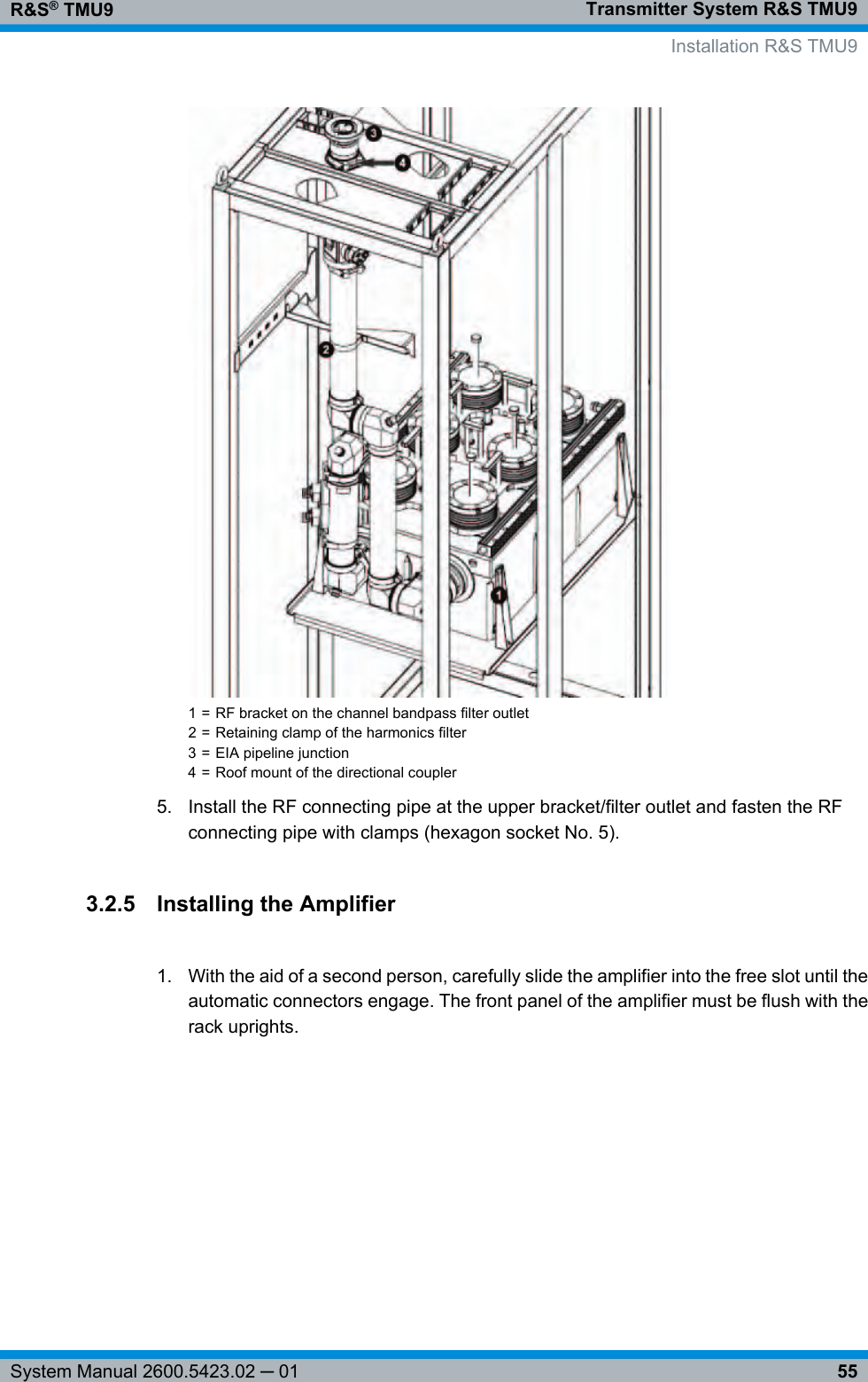 Transmitter System R&amp;S TMU9R&amp;S® TMU955System Manual 2600.5423.02 ─ 011 = RF bracket on the channel bandpass filter outlet2 = Retaining clamp of the harmonics filter3 = EIA pipeline junction4 = Roof mount of the directional coupler5. Install the RF connecting pipe at the upper bracket/filter outlet and fasten the RFconnecting pipe with clamps (hexagon socket No. 5).3.2.5 Installing the Amplifier1. With the aid of a second person, carefully slide the amplifier into the free slot until theautomatic connectors engage. The front panel of the amplifier must be flush with therack uprights. Installation R&amp;S TMU9