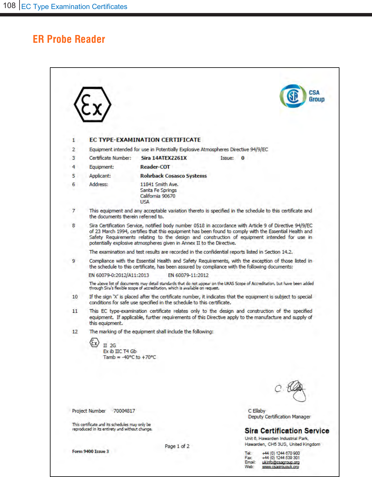 108   EC Type Examination Certificates  ER Probe Reader       