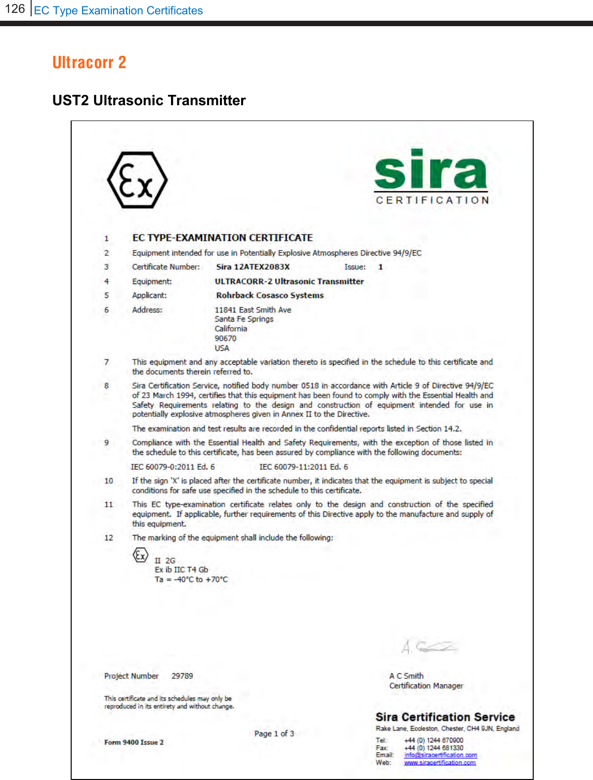 126   EC Type Examination Certificates  Ultracorr 2  UST2 Ultrasonic Transmitter              