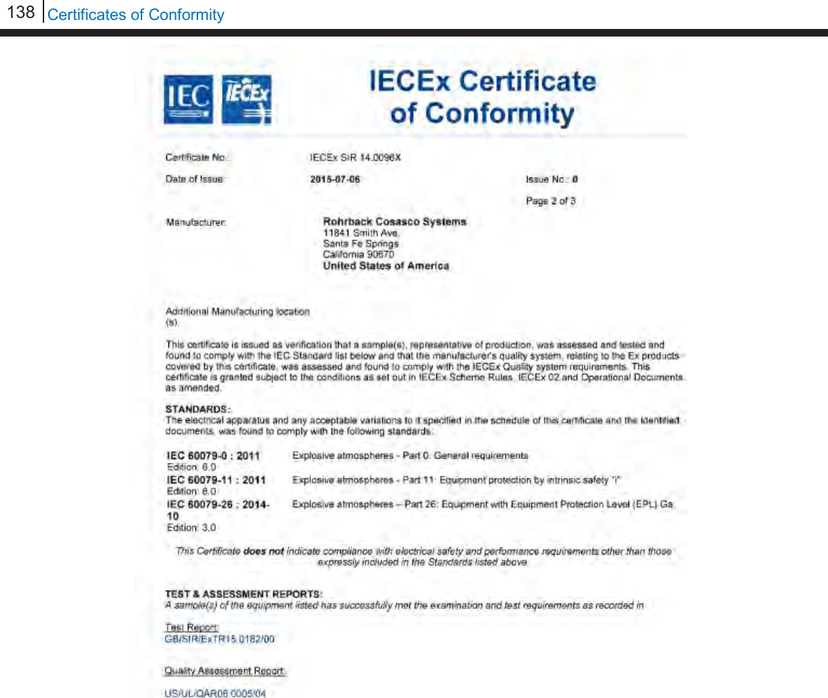 138   Certificates of Conformity                   