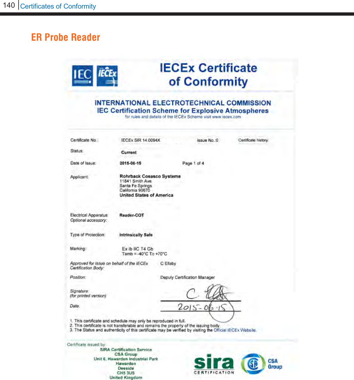 140   Certificates of Conformity  ER Probe Reader                           