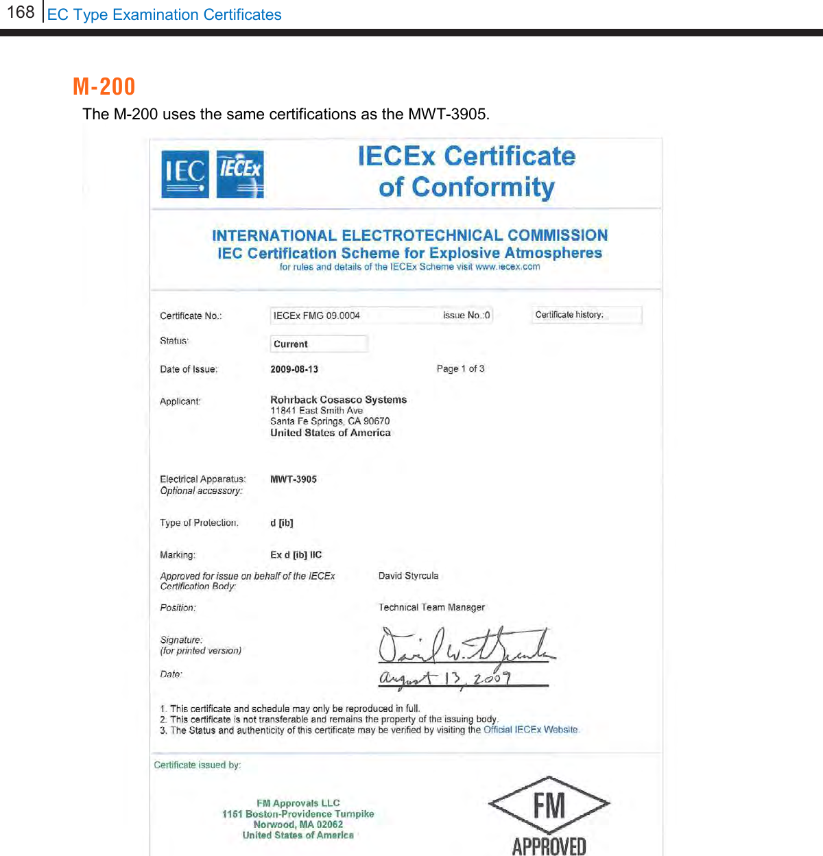 168   EC Type Examination Certificates  M-200 The M-200 uses the same certifications as the MWT-3905.   