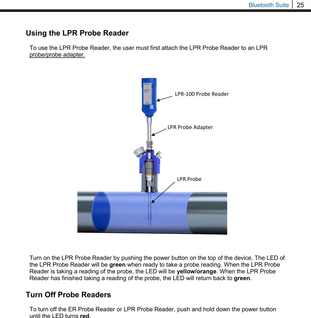 25  Bluetooth Suite Using the LPR Probe Reader  To use the LPR Probe Reader, the user must first attach the LPR Probe Reader to an LPR probe/probe adapter.                                                                Turn on the LPR Probe Reader by pushing the power button on the top of the device. The LED of the LPR Probe Reader will be green when ready to take a probe reading. When the LPR Probe Reader is taking a reading of the probe, the LED will be yellow/orange. When the LPR Probe Reader has finished taking a reading of the probe, the LED will return back to green.  Turn Off Probe Readers  To turn off the ER Probe Reader or LPR Probe Reader, push and hold down the power button until the LED turns red.        LPR-100 Probe Reader         LPR Probe  LPR Probe Adapter  