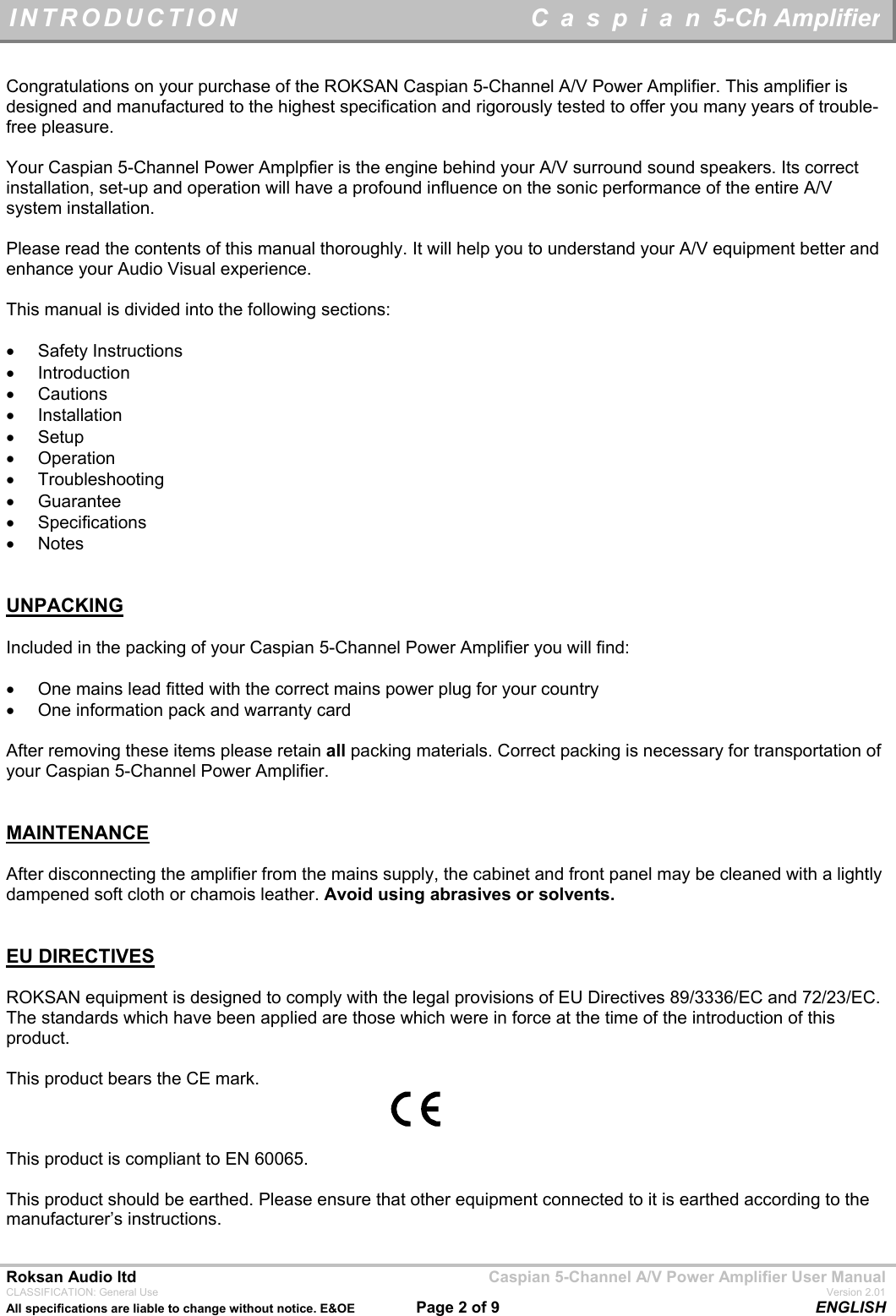 Page 2 of 9 - Roksan-Audio Roksan-Audio-5-Ch-Amplifier-Users-Manual- Caspian Digital Surround Sound Processor  Roksan-audio-5-ch-amplifier-users-manual
