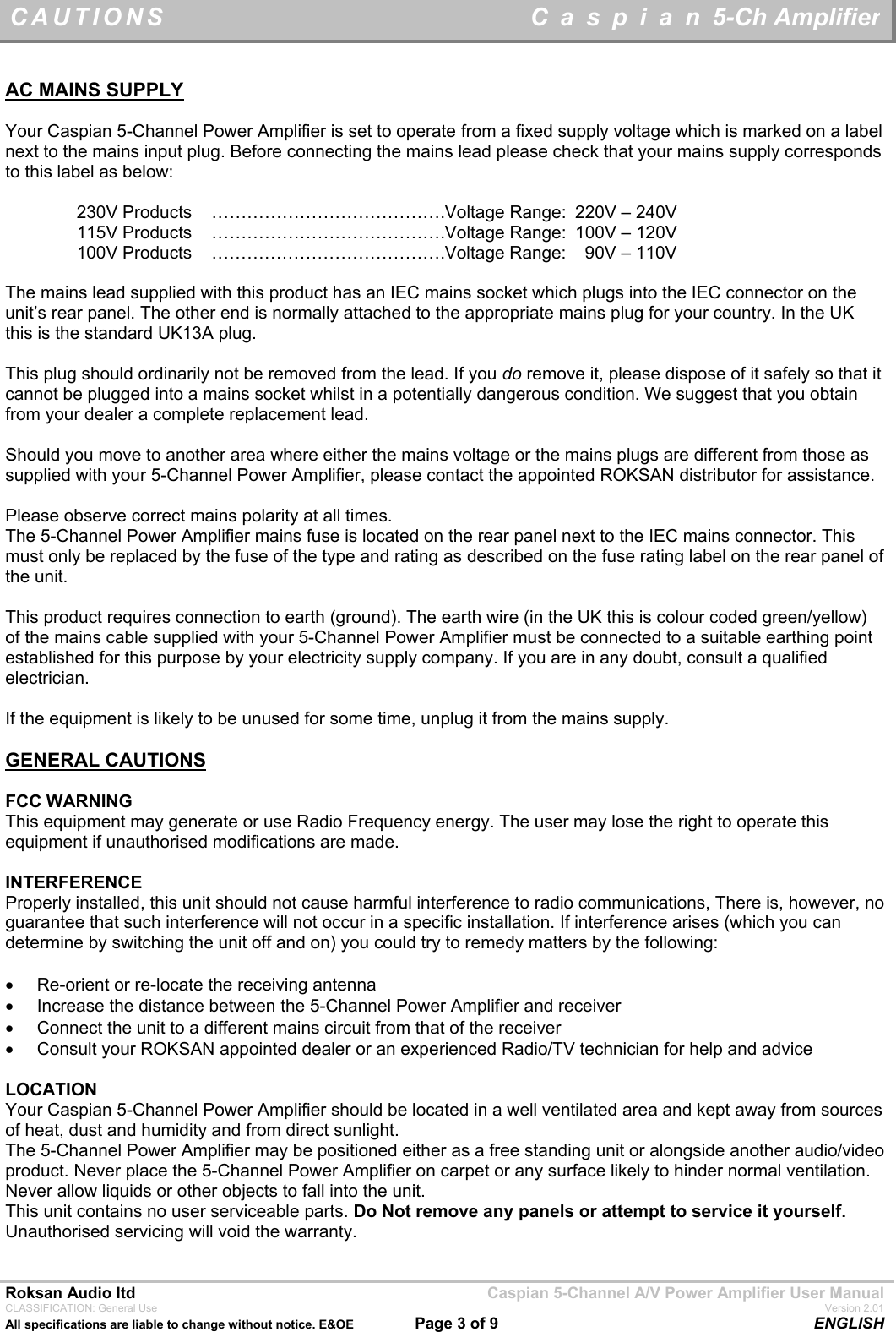 Page 3 of 9 - Roksan-Audio Roksan-Audio-5-Ch-Amplifier-Users-Manual- Caspian Digital Surround Sound Processor  Roksan-audio-5-ch-amplifier-users-manual