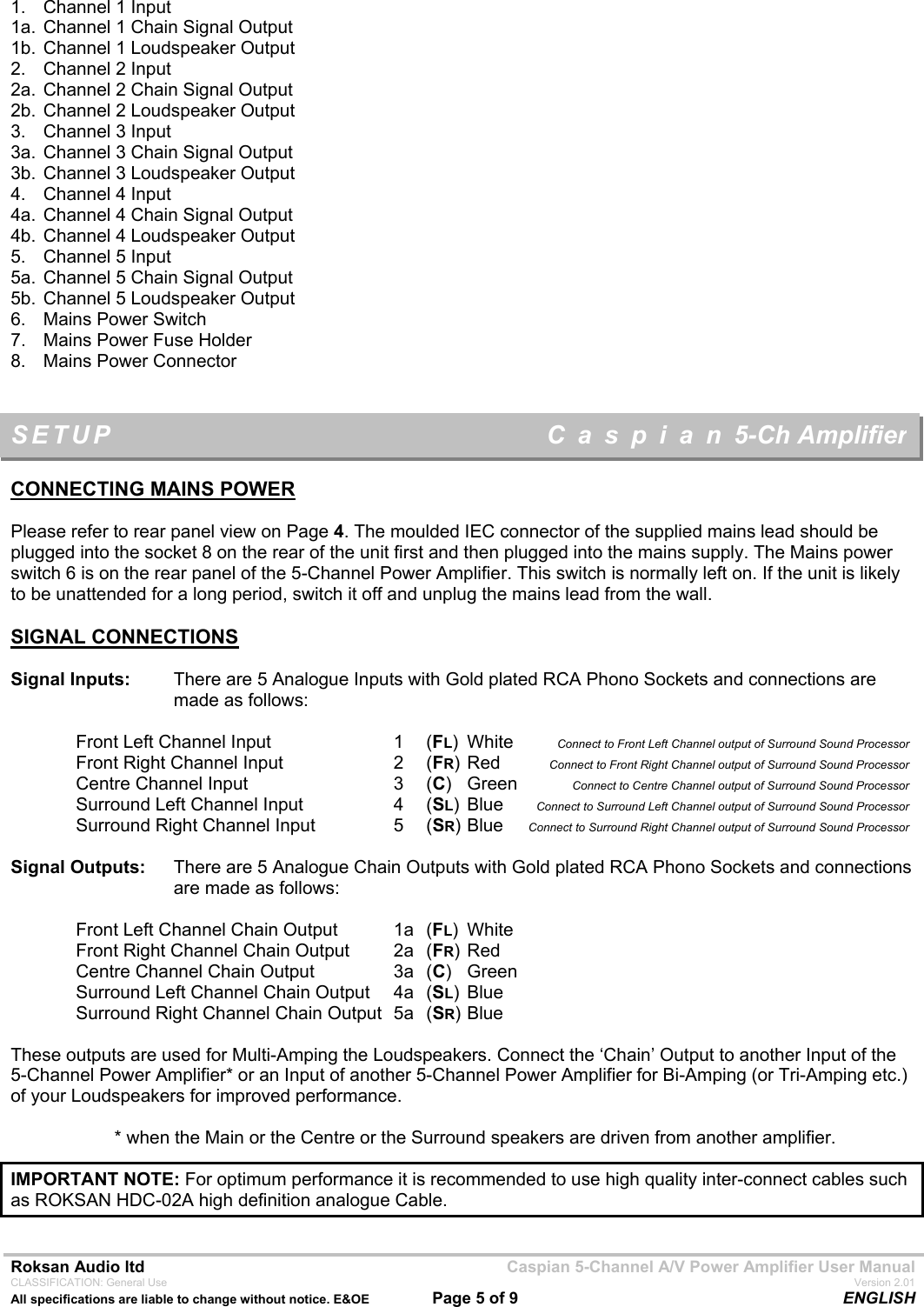 Page 5 of 9 - Roksan-Audio Roksan-Audio-5-Ch-Amplifier-Users-Manual- Caspian Digital Surround Sound Processor  Roksan-audio-5-ch-amplifier-users-manual