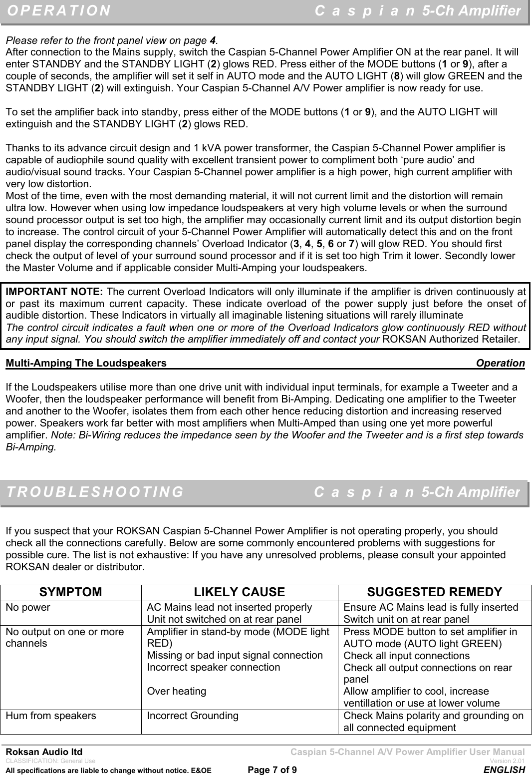 Page 7 of 9 - Roksan-Audio Roksan-Audio-5-Ch-Amplifier-Users-Manual- Caspian Digital Surround Sound Processor  Roksan-audio-5-ch-amplifier-users-manual