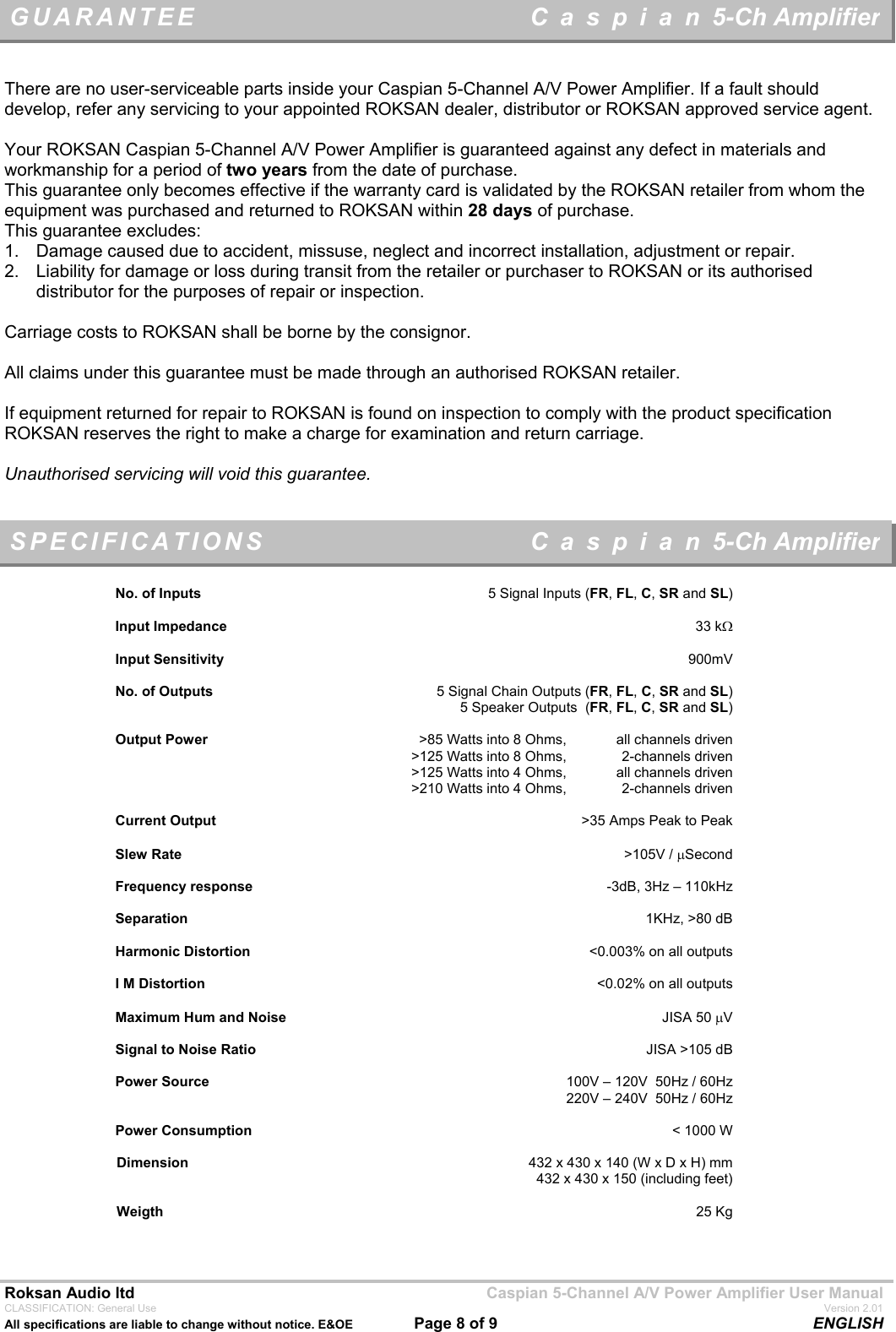 Page 8 of 9 - Roksan-Audio Roksan-Audio-5-Ch-Amplifier-Users-Manual- Caspian Digital Surround Sound Processor  Roksan-audio-5-ch-amplifier-users-manual