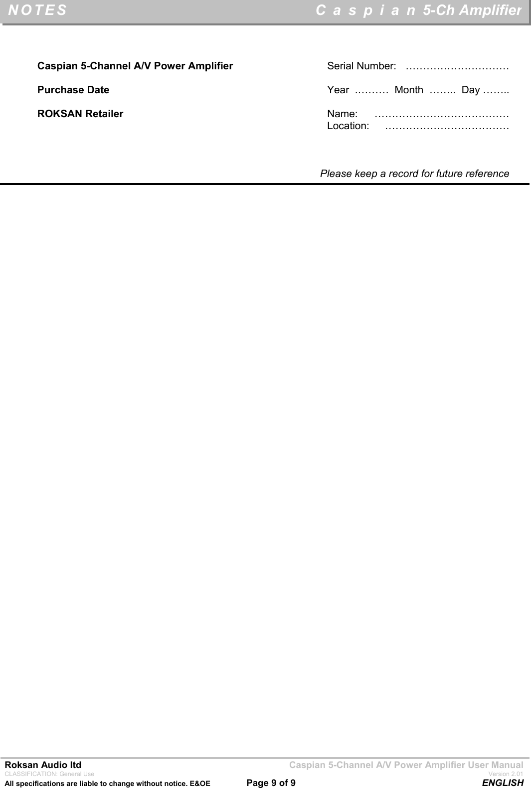 Page 9 of 9 - Roksan-Audio Roksan-Audio-5-Ch-Amplifier-Users-Manual- Caspian Digital Surround Sound Processor  Roksan-audio-5-ch-amplifier-users-manual