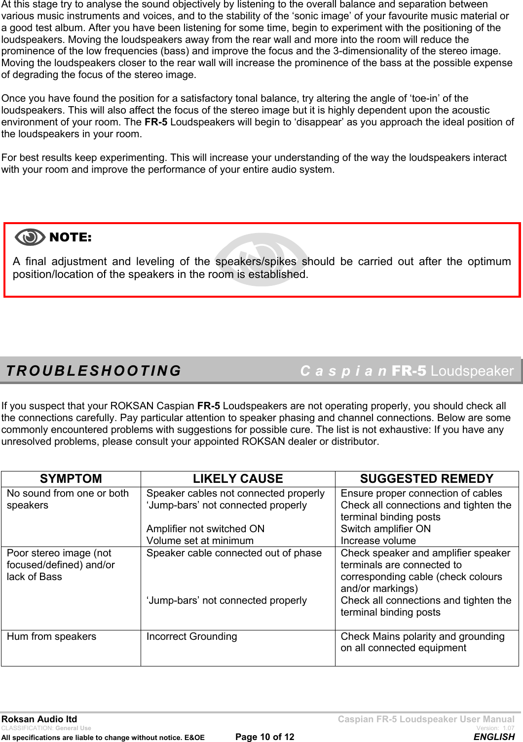 Page 10 of 12 - Roksan-Audio Roksan-Audio-Fr-5-Users-Manual FR5speaker07bM