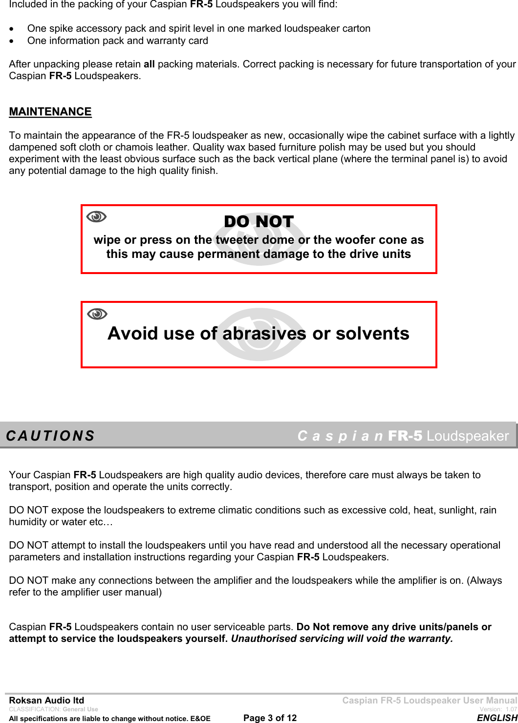 Page 3 of 12 - Roksan-Audio Roksan-Audio-Fr-5-Users-Manual FR5speaker07bM