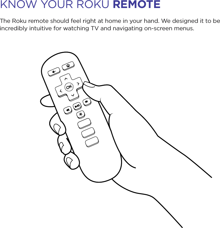 KNOW YOUR ROKU REMOTEThe Roku remote should feel right at home in your hand. We designed it to be incredibly intuitive for watching TV and navigating on-screen menus.