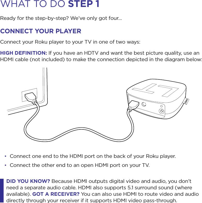 WHAT TO DO STEP 1Ready for the step-by-step? We’ve only got four…CONNECT YOUR PLAYERConnect your Roku player to your TV in one of two ways:HIGH DEFINITION: If you have an HDTV and want the best picture quality, use an HDMI cable (not included) to make the connection depicted in the diagram below:• Connect one end to the HDMI port on the back of your Roku player.• Connect the other end to an open HDMI port on your TV.DID YOU KNOW? Because HDMI outputs digital video and audio, you don’t need a separate audio cable. HDMI also supports 5.1 surround sound (where available). GOT A RECEIVER? You can also use HDMI to route video and audio directly through your receiver if it supports HDMI video pass-through. 