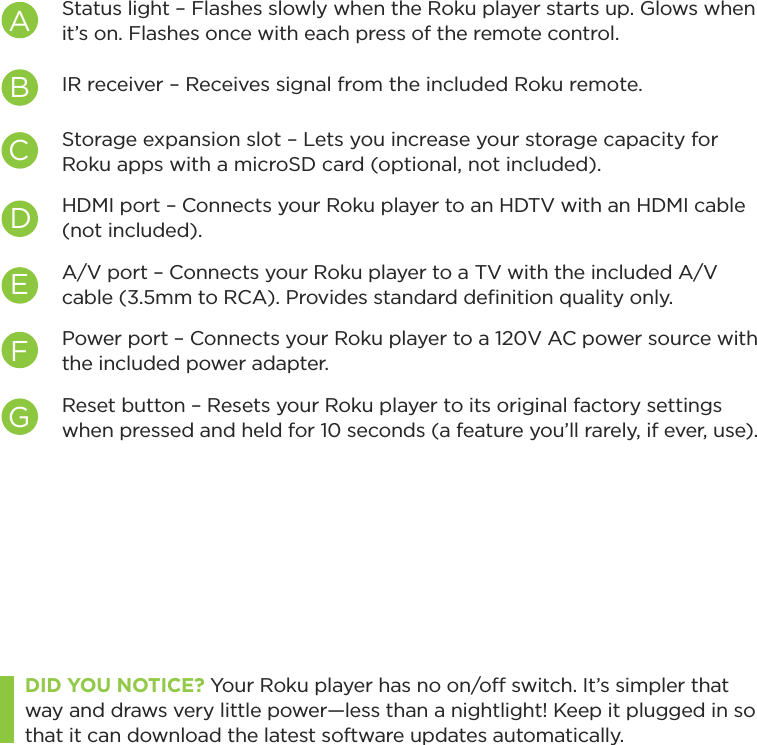 EA/V port – Connects your Roku player to a TV with the included A/V cable (3.5mm to RCA). Provides standard deﬁnition quality only.Reset button – Resets your Roku player to its original factory settings when pressed and held for 10 seconds (a feature you’ll rarely, if ever, use).GPower port – Connects your Roku player to a 120V AC power source with the included power adapter.FHDMI port – Connects your Roku player to an HDTV with an HDMI cable (not included).DAStatus light – Flashes slowly when the Roku player starts up. Glows when it’s on. Flashes once with each press of the remote control.Storage expansion slot – Lets you increase your storage capacity for Roku apps with a microSD card (optional, not included).CBIR receiver – Receives signal from the included Roku remote.DID YOU NOTICE? Your Roku player has no on/off switch. It’s simpler that way and draws very little power—less than a nightlight! Keep it plugged in so that it can download the latest software updates automatically.