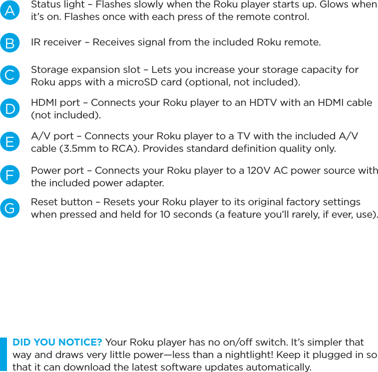 DID YOU NOTICE? Your Roku player has no on/off switch. It’s simpler that way and draws very little power—less than a nightlight! Keep it plugged in so that it can download the latest software updates automatically.EA/V port – Connects your Roku player to a TV with the included A/V cable (3.5mm to RCA). Provides standard deﬁnition quality only.Power port – Connects your Roku player to a 120V AC power source with the included power adapter.GReset button – Resets your Roku player to its original factory settings when pressed and held for 10 seconds (a feature you’ll rarely, if ever, use).FHDMI port – Connects your Roku player to an HDTV with an HDMI cable (not included).DAStatus light – Flashes slowly when the Roku player starts up. Glows when it’s on. Flashes once with each press of the remote control.Storage expansion slot – Lets you increase your storage capacity for Roku apps with a microSD card (optional, not included).CBIR receiver – Receives signal from the included Roku remote.