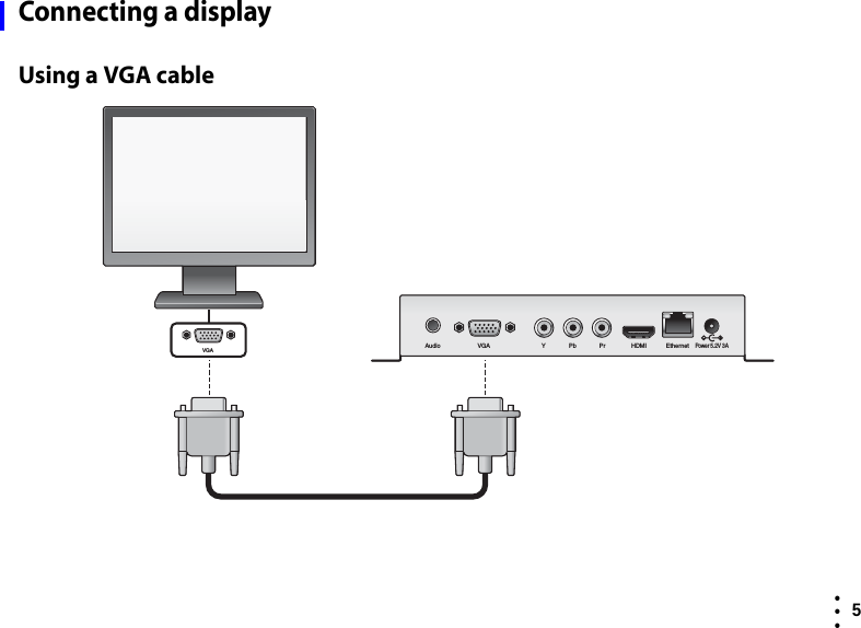  5  • ••Connecting a displayUsing a VGA cable Audio VGAVGA Y Pb Pr HDMI EthernetPower 5.2V 3A