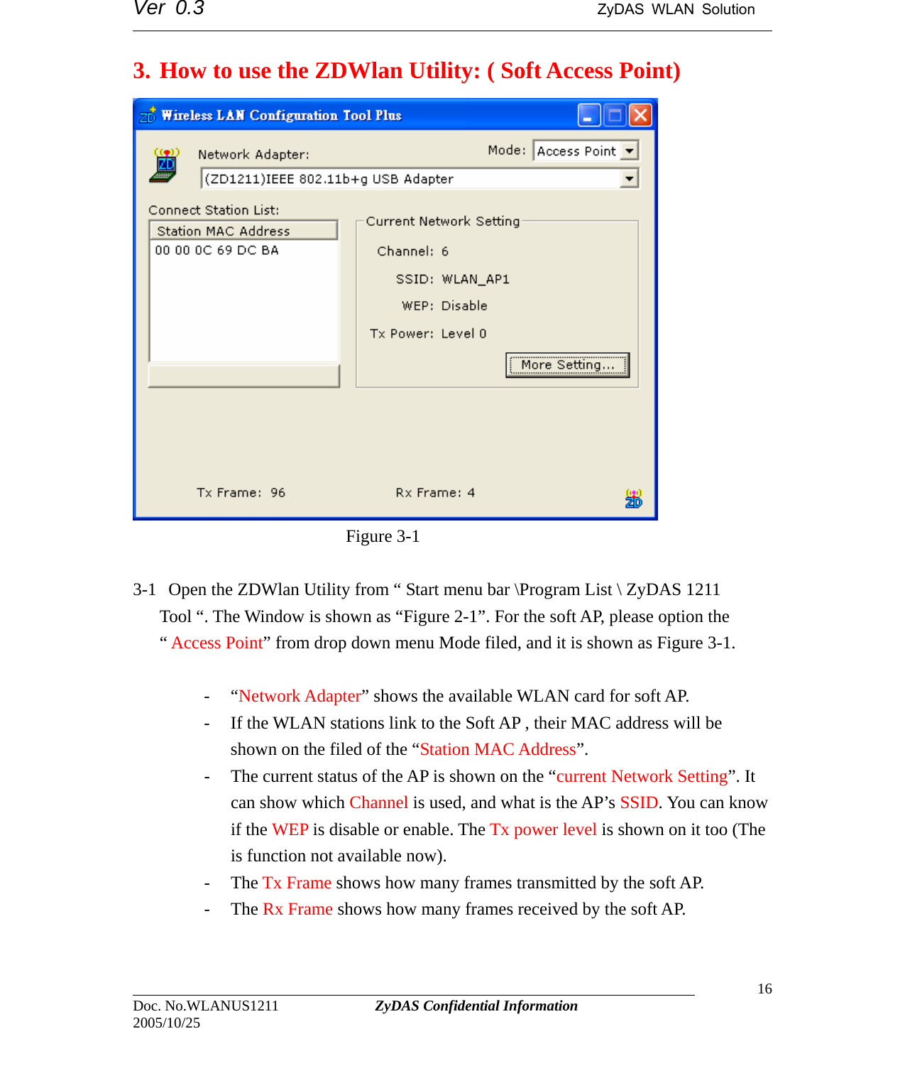 Ver 0.3                                      ZyDAS WLAN Solution                                                                                                                      3. How to use the ZDWlan Utility: ( Soft Access Point)                          Figure 3-1  3-1   Open the ZDWlan Utility from “ Start menu bar \Program List \ ZyDAS 1211           Tool “. The Window is shown as “Figure 2-1”. For the soft AP, please option the “ Access Point” from drop down menu Mode filed, and it is shown as Figure 3-1.  - “Network Adapter” shows the available WLAN card for soft AP. - If the WLAN stations link to the Soft AP , their MAC address will be shown on the filed of the “Station MAC Address”. - The current status of the AP is shown on the “current Network Setting”. It can show which Channel is used, and what is the AP’s SSID. You can know if the WEP is disable or enable. The Tx power level is shown on it too (The is function not available now). - The Tx Frame shows how many frames transmitted by the soft AP.                                                                                Doc. No.WLANUS1211             ZyDAS Confidential Information                   16 2005/10/25 - The Rx Frame shows how many frames received by the soft AP. 