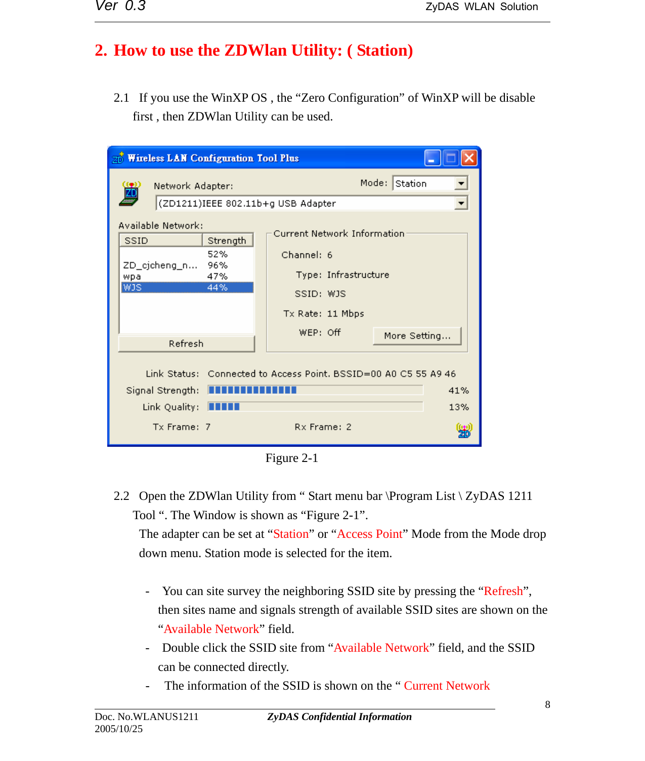 Ver 0.3                                      ZyDAS WLAN Solution                                                                                                                      2. How to use the ZDWlan Utility: ( Station)    2.1   If you use the WinXP OS , the “Zero Configuration” of WinXP will be disable         first , then ZDWlan Utility can be used.                            Figure 2-1  2.2   Open the ZDWlan Utility from “ Start menu bar \Program List \ ZyDAS 1211           Tool “. The Window is shown as “Figure 2-1”. The adapter can be set at “Station” or “Access Point” Mode from the Mode drop down menu. Station mode is selected for the item.      -    You can site survey the neighboring SSID site by pressing the “Refresh”, then sites name and signals strength of available SSID sites are shown on the “Available Network” field.   -    Double click the SSID site from “Available Network” field, and the SSID can be connected directly.                                                                                  Doc. No.WLANUS1211             ZyDAS Confidential Information                   8 2005/10/25 - The information of the SSID is shown on the “ Current Network 