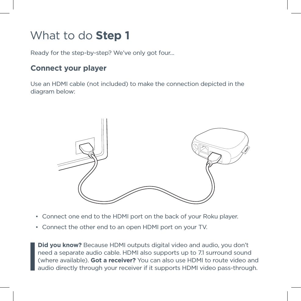 What to do Step 1Ready for the step-by-step? We’ve only got four…Connect your playerUse an HDMI cable (not included) to make the connection depicted in the diagram below:Did you know? Because HDMI outputs digital video and audio, you don’t need a separate audio cable. HDMI also supports up to 7.1 surround sound (where available). Got a receiver? You can also use HDMI to route video and audio directly through your receiver if it supports HDMI video pass-through.  •Connect one end to the HDMI port on the back of your Roku player. •Connect the other end to an open HDMI port on your TV.