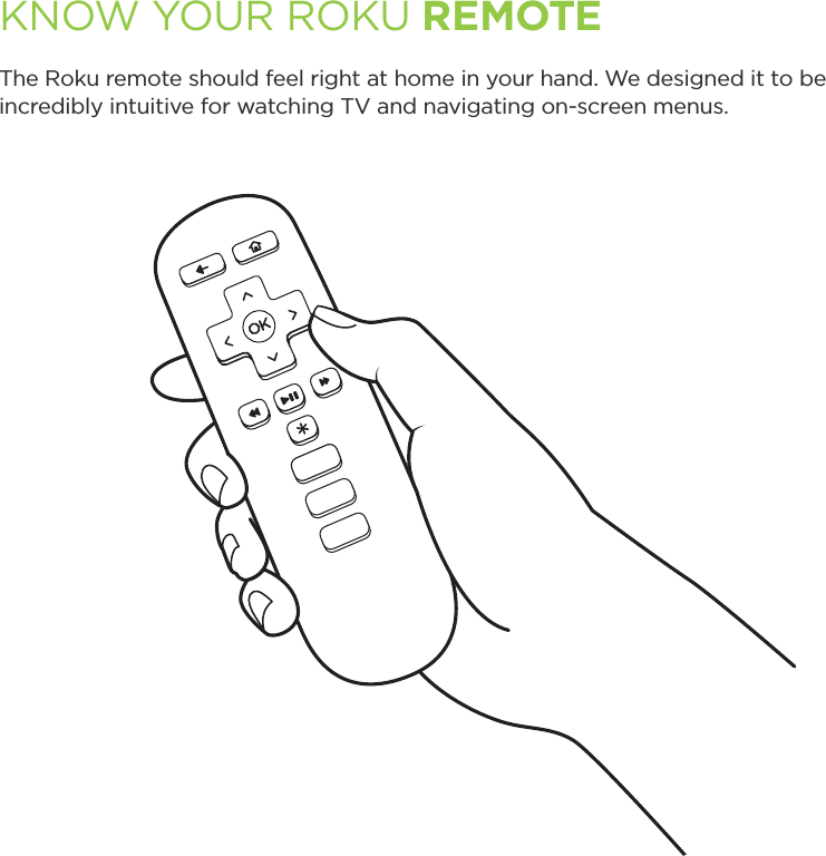 KNOW YOUR ROKU REMOTEThe Roku remote should feel right at home in your hand. We designed it to be incredibly intuitive for watching TV and navigating on-screen menus.
