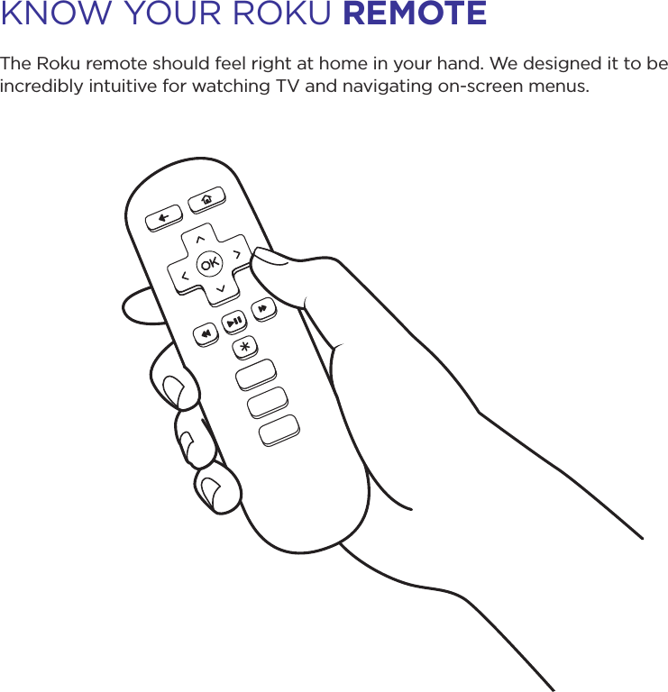 KNOW YOUR ROKU reMoteThe Roku remote should feel right at home in your hand. We designed it to be incredibly intuitive for watching TV and navigating on-screen menus.