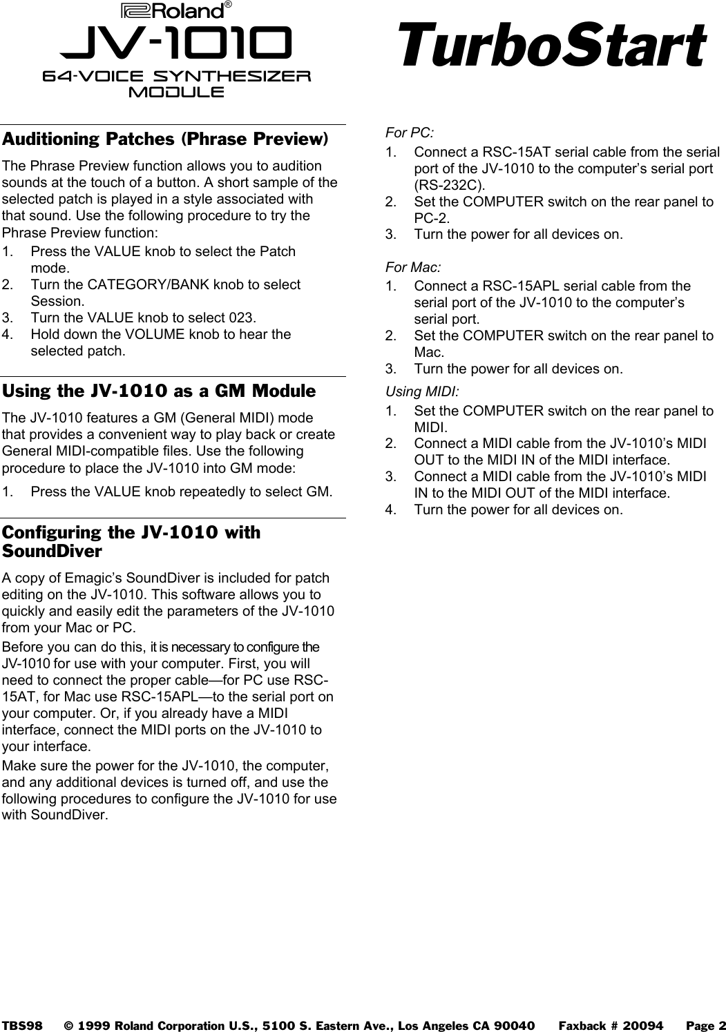 Page 2 of 2 - Roland JV1010 JV-1010 TurboStart User Manual  To The Accc105a-ef9d-4df4-a1ae-325c9a74302f