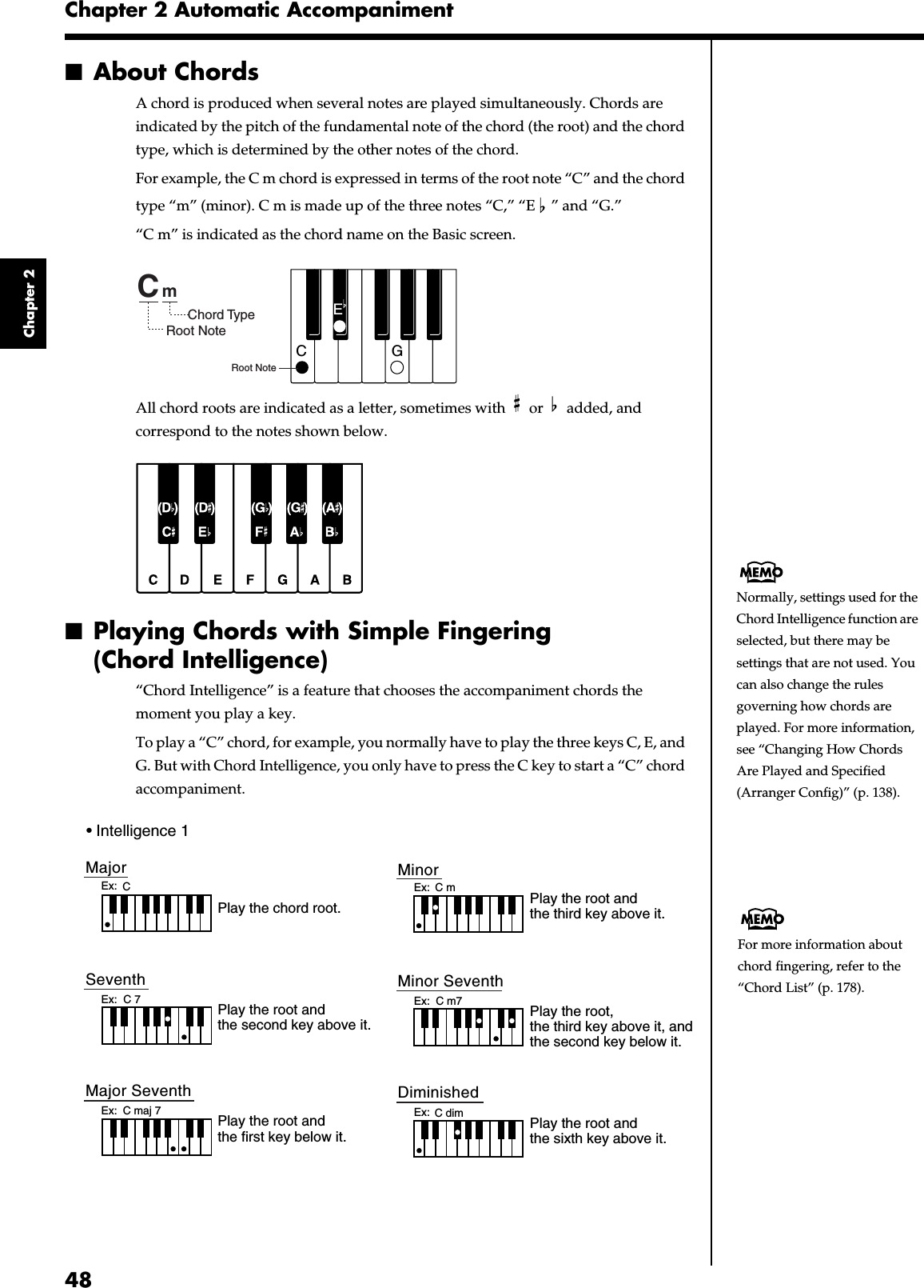 48Chapter 2 Automatic AccompanimentChapter 2■About ChordsA chord is produced when several notes are played simultaneously. Chords are indicated by the pitch of the fundamental note of the chord (the root) and the chord type, which is determined by the other notes of the chord.For example, the C m chord is expressed in terms of the root note “C” and the chord type “m” (minor). C m is made up of the three notes “C,” “E ” and “G.”“C m” is indicated as the chord name on the Basic screen. fig.chord.eAll chord roots are indicated as a letter, sometimes with   or   added, and correspond to the notes shown below.fig.chord-root.e■Playing Chords with Simple Fingering (Chord Intelligence)“Chord Intelligence” is a feature that chooses the accompaniment chords the moment you play a key.To play a “C” chord, for example, you normally have to play the three keys C, E, and G. But with Chord Intelligence, you only have to press the C key to start a “C” chord accompaniment.fig.chord-intel.eCGECmRoot NoteChord TypeRoot NoteNormally, settings used for the Chord Intelligence function are selected, but there may be settings that are not used. You can also change the rules governing how chords are played. For more information, see “Changing How Chords Are Played and Specified (Arranger Config)” (p. 138).CC maj 7C 7C mC m7C dimEx:Ex:Ex: Ex:Ex:Ex:MajorSeventhMajor SeventhMinorMinor SeventhDiminishedPlay the chord root.Play the root and the second key above it.Play the root and the third key above it.Play the root and the sixth key above it.Play the root, the third key above it, and the second key below it.Play the root and the first key below it.• Intelligence 1For more information about chord fingering, refer to the “Chord List” (p. 178).
